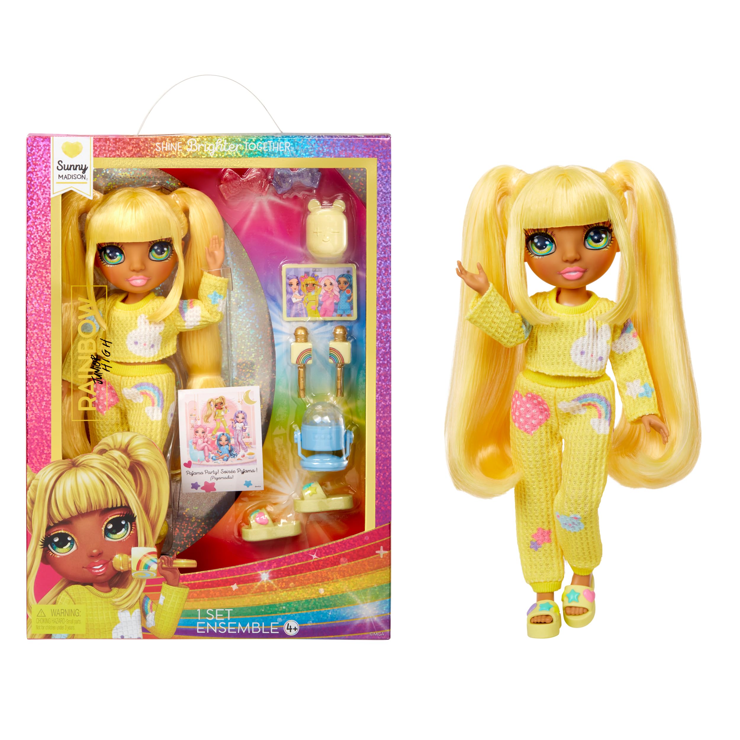Rainbow High Junior High PJ Party - Sunny (Yellow) - 22 cm Posable Doll with Music Accessories & Outfit - Ages 4-12