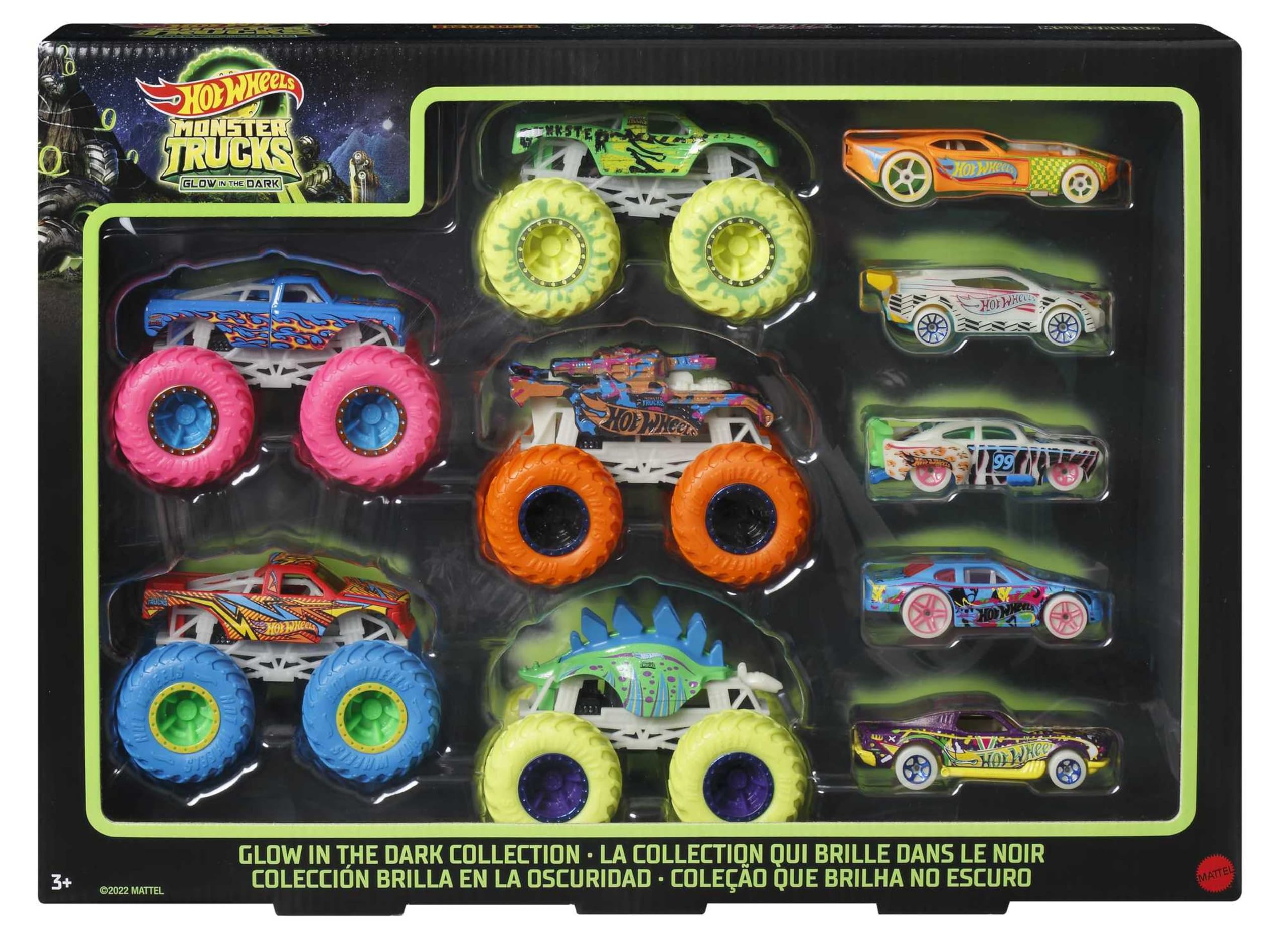 Hot Wheels Monster Trucks Glow in the Dark Bundle - 10-Piece Set with 5 Monster Trucks and 5 Die-Cast Cars 8