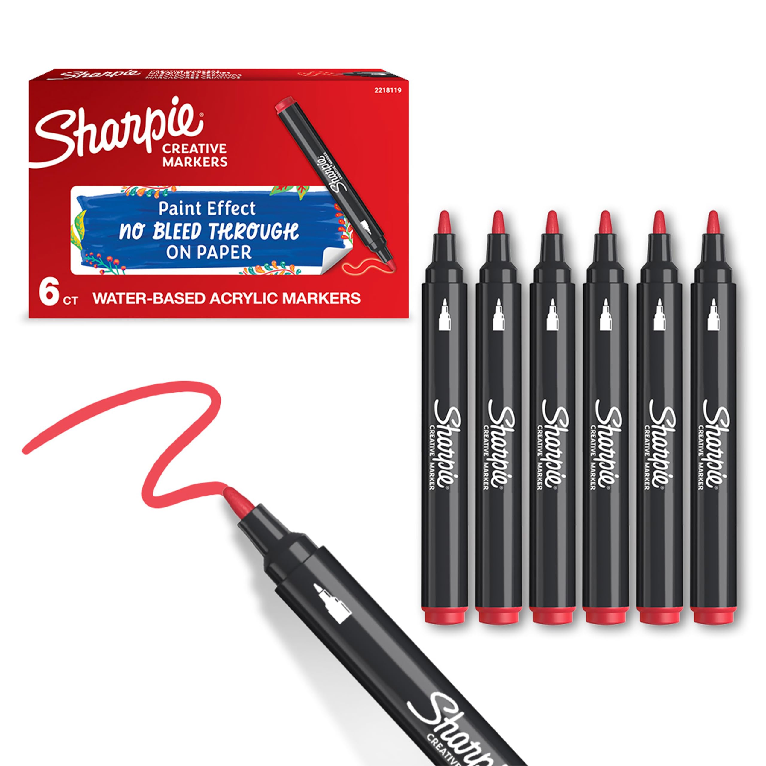 Sharpie Creative Marker Acrylic Paint Pens - Water-Based, No-Bleed Ink, Pops on Light & Dark Surfaces | Pack of 6 Red