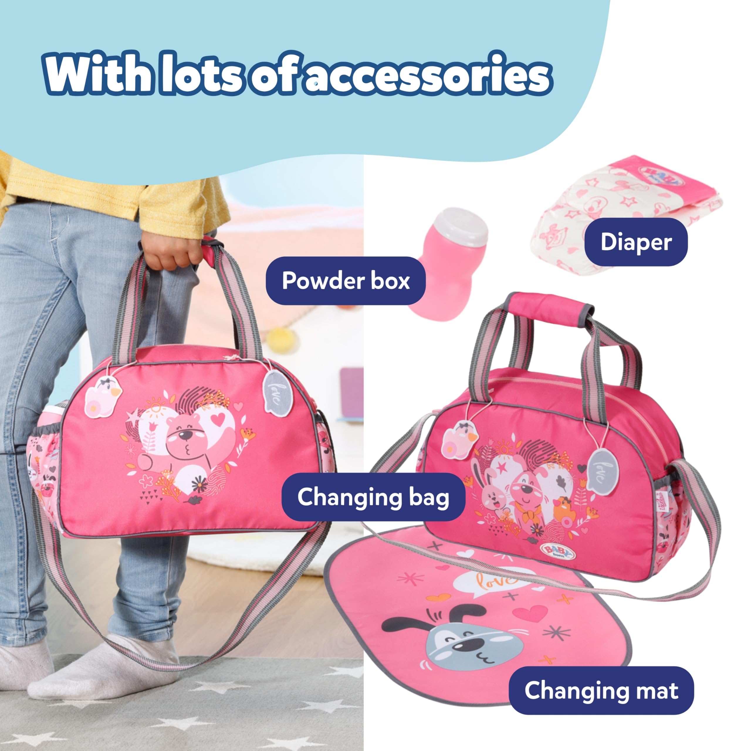 BABY born Doll Changing Bag - Pink Shoulder Bag with Changing Mat, Lotion Bottle & Nappy 19