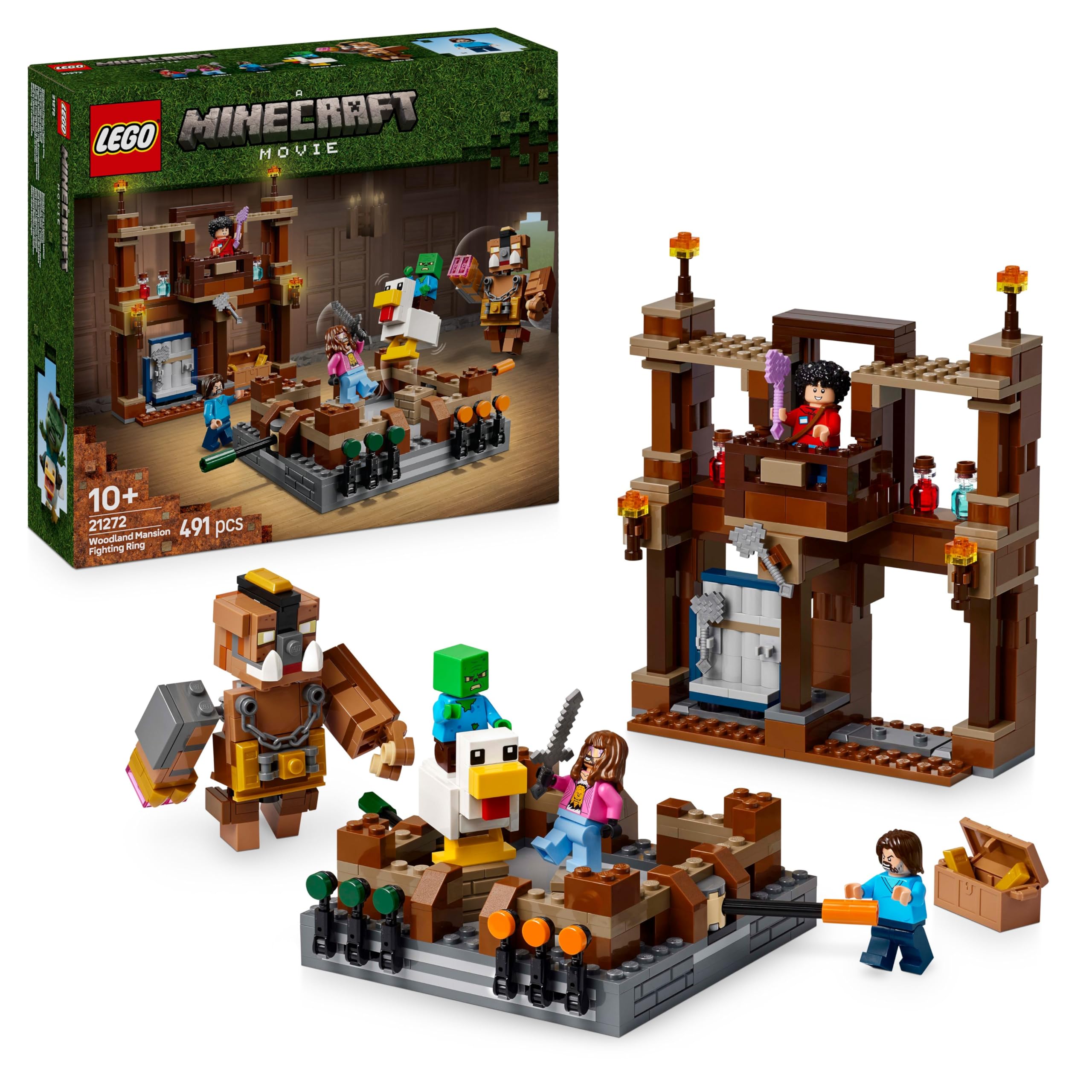 LEGO Minecraft Woodland Mansion Kampfring – Bauset mit Steve, Garrett, Henry, Baby Zombie, Chicken Jockey, Great Hog – 491 Teile (21272)