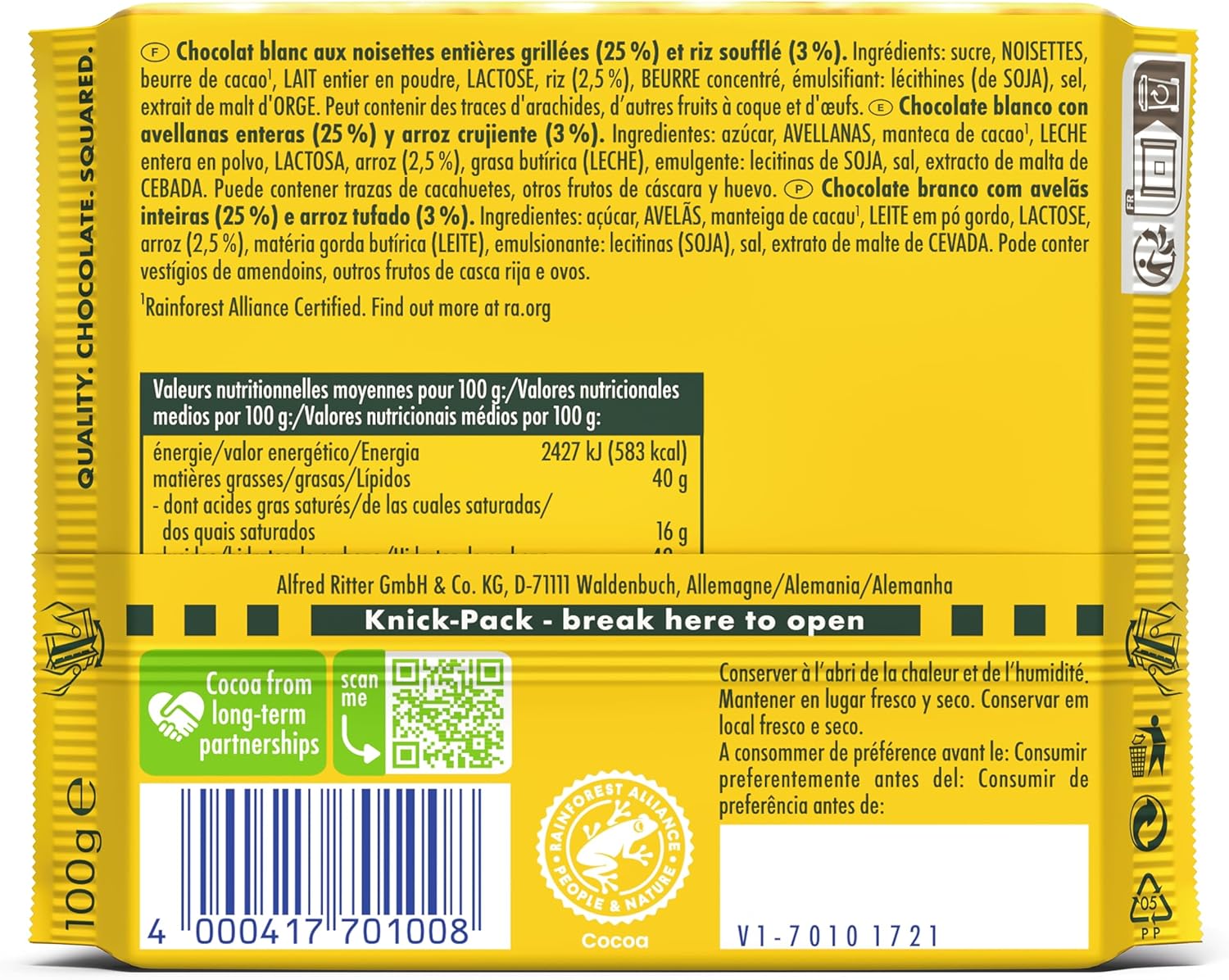 Ritter Sport White Whole Hazelnut Chocolate Bar 100g (Pack of 10) 9