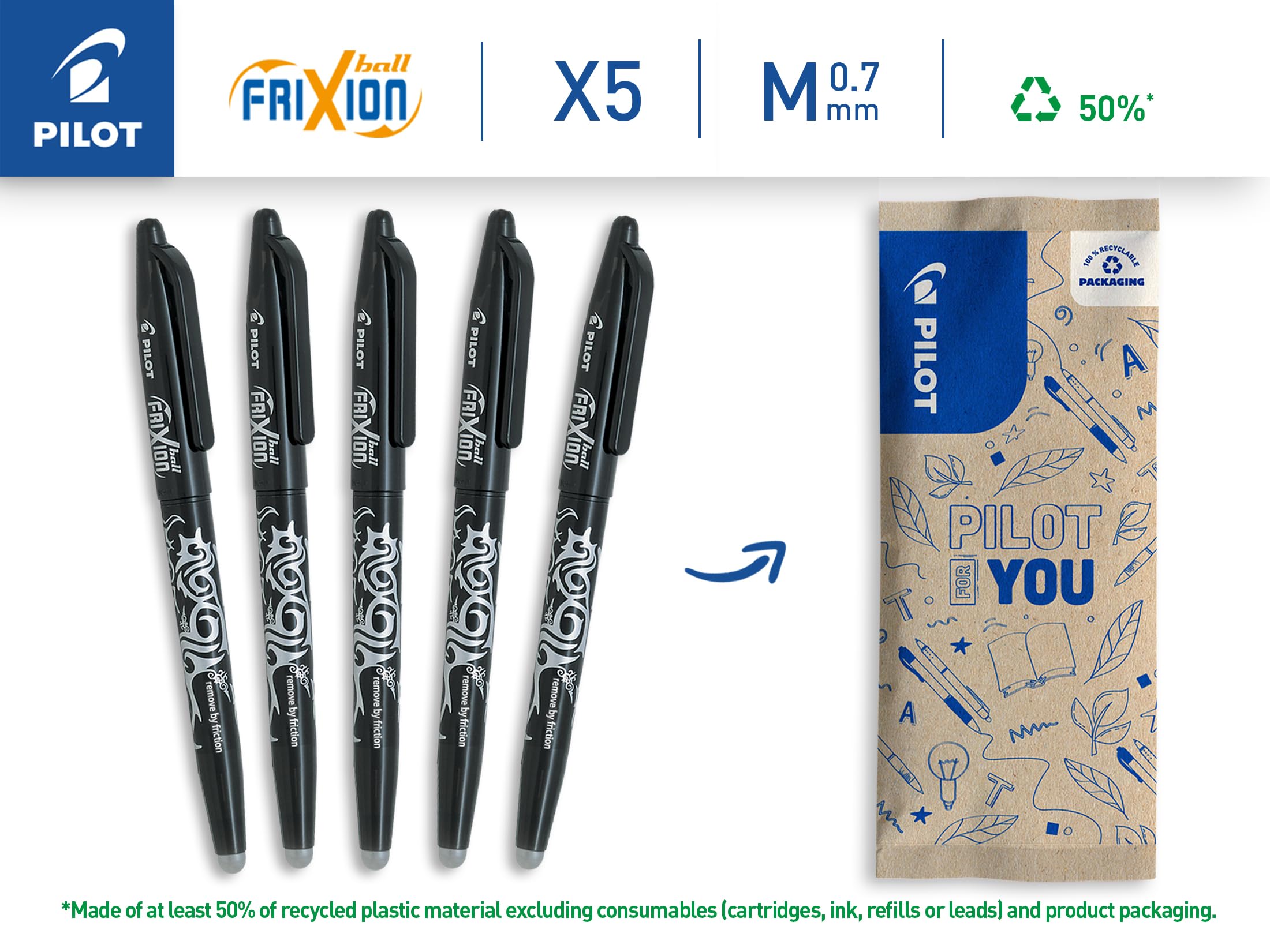 PILOT FriXion Ball Erasable Rollerball Pen - 0.7mm Tip | Pack of 5 Black Ink Pens