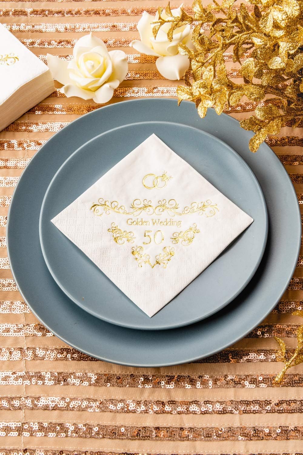 Crisky Gold Foil 50th Anniversary Napkins, 3-Ply Cocktail Napkins for Wedding Party Decor 5