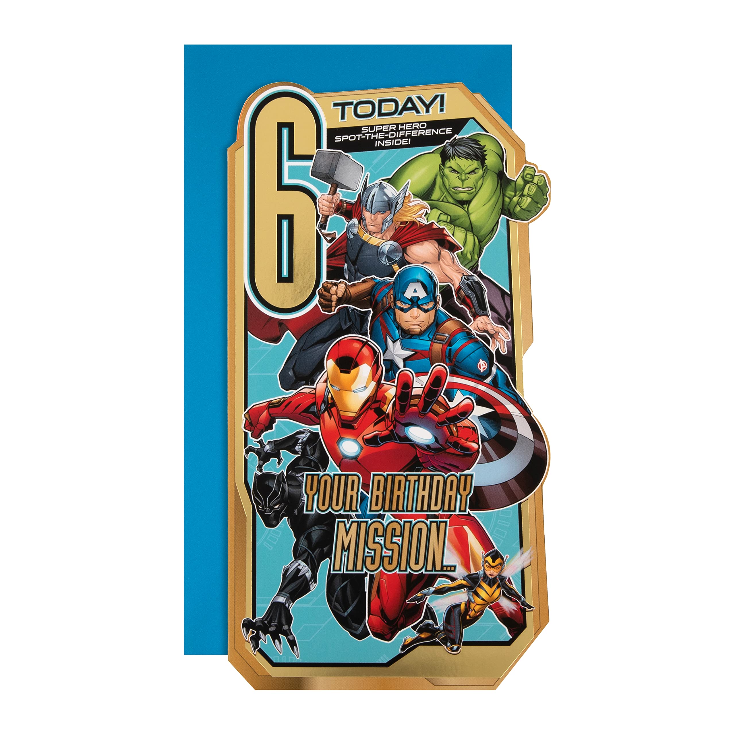 Hallmark Age 6 Birthday Card - Marvel Avengers Die-Cut with Gold Foil | Blue Envelope