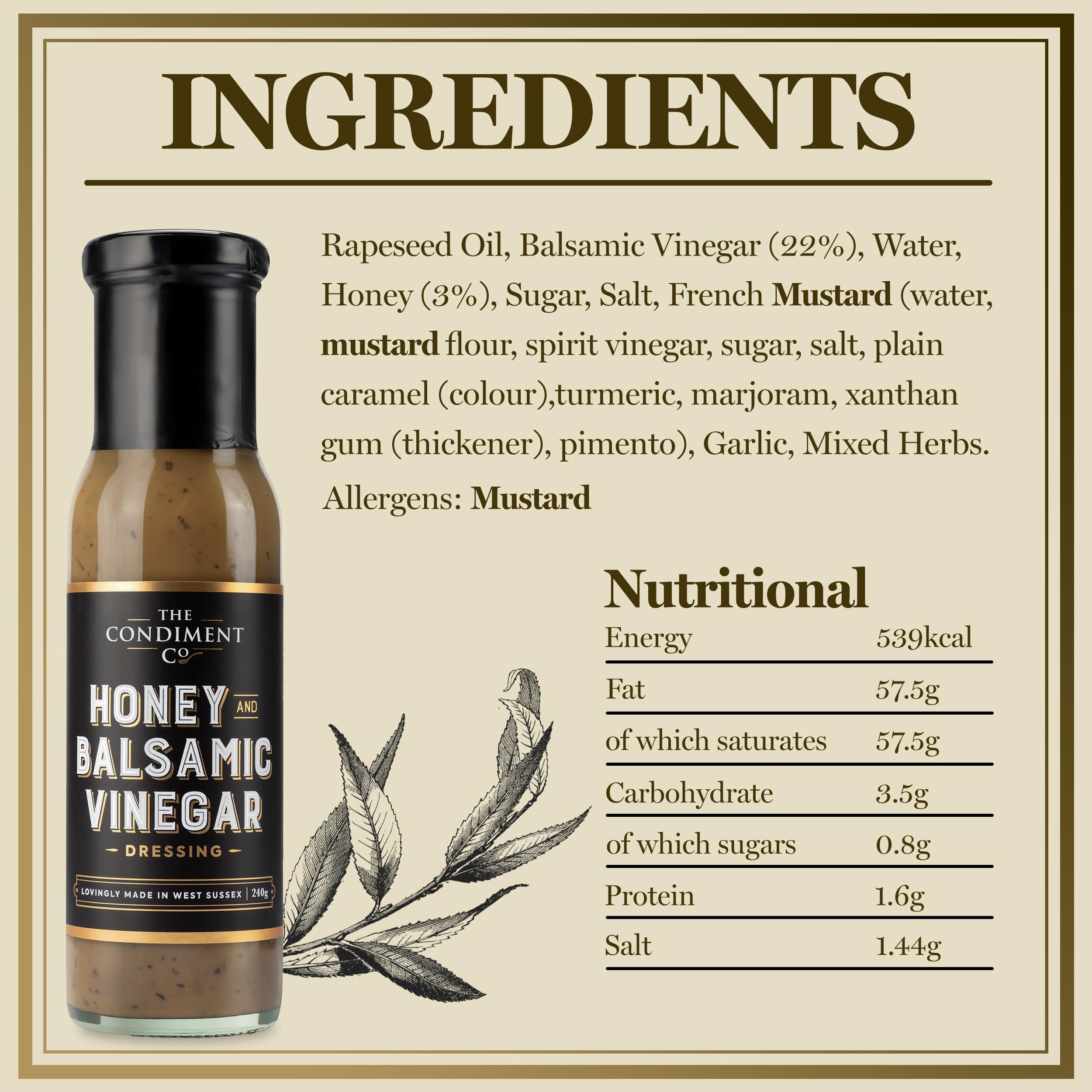 The Condiment Company Honey Balsamic Vinegar Dressing 240g
