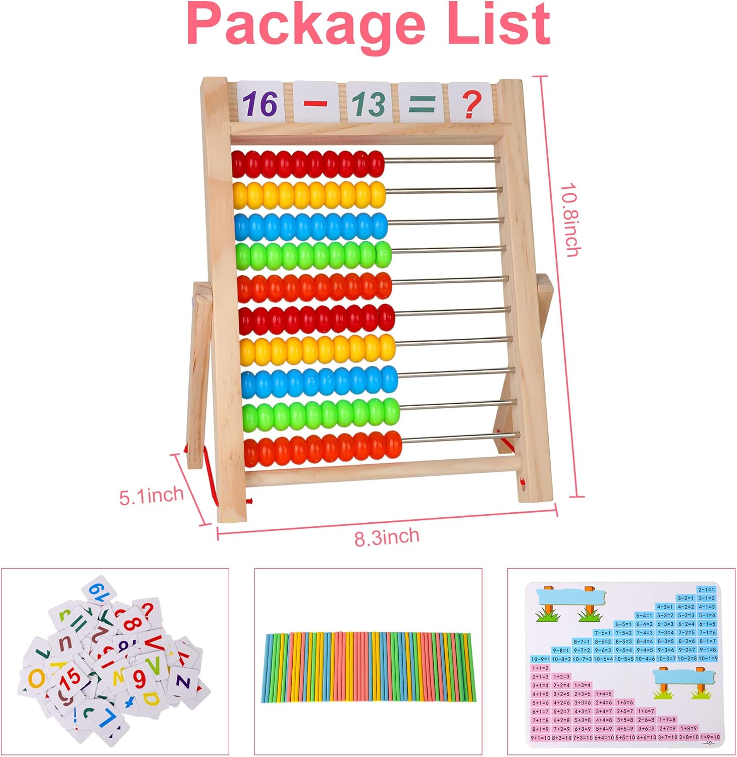 Wooden Frame Abacus for Kids - 10-Row Educational Toy with Multi-Color Beads, Alphabet & Number Cards 5
