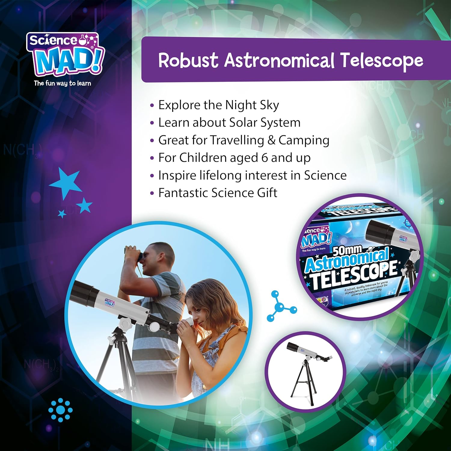 Science Mad SM52 50mm Astronomical Telescope - 90X Magnification for Kids 8+ 7