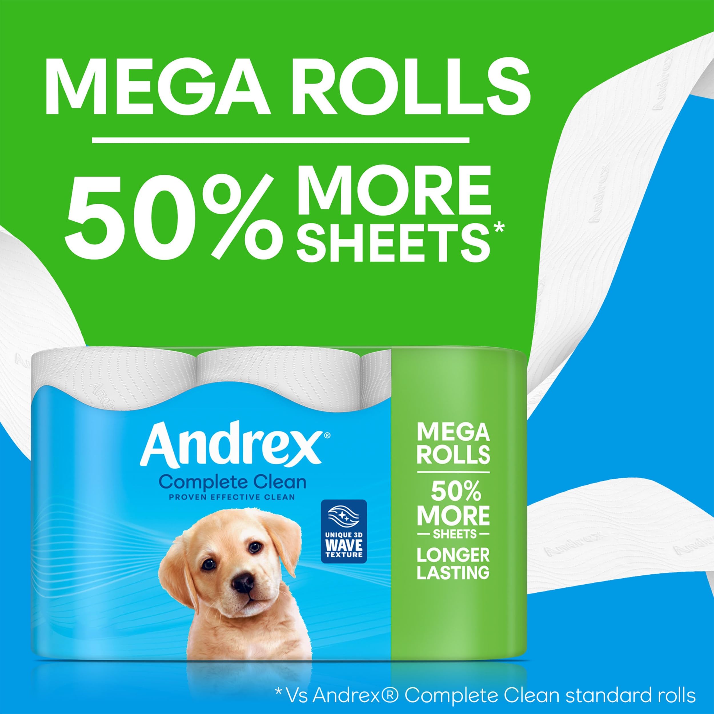 Andrex Complete Clean 12 Mega-Toilettenpapierrollen (entspricht 18 Standardrollen), 50 % mehr Blätter, weiß 6