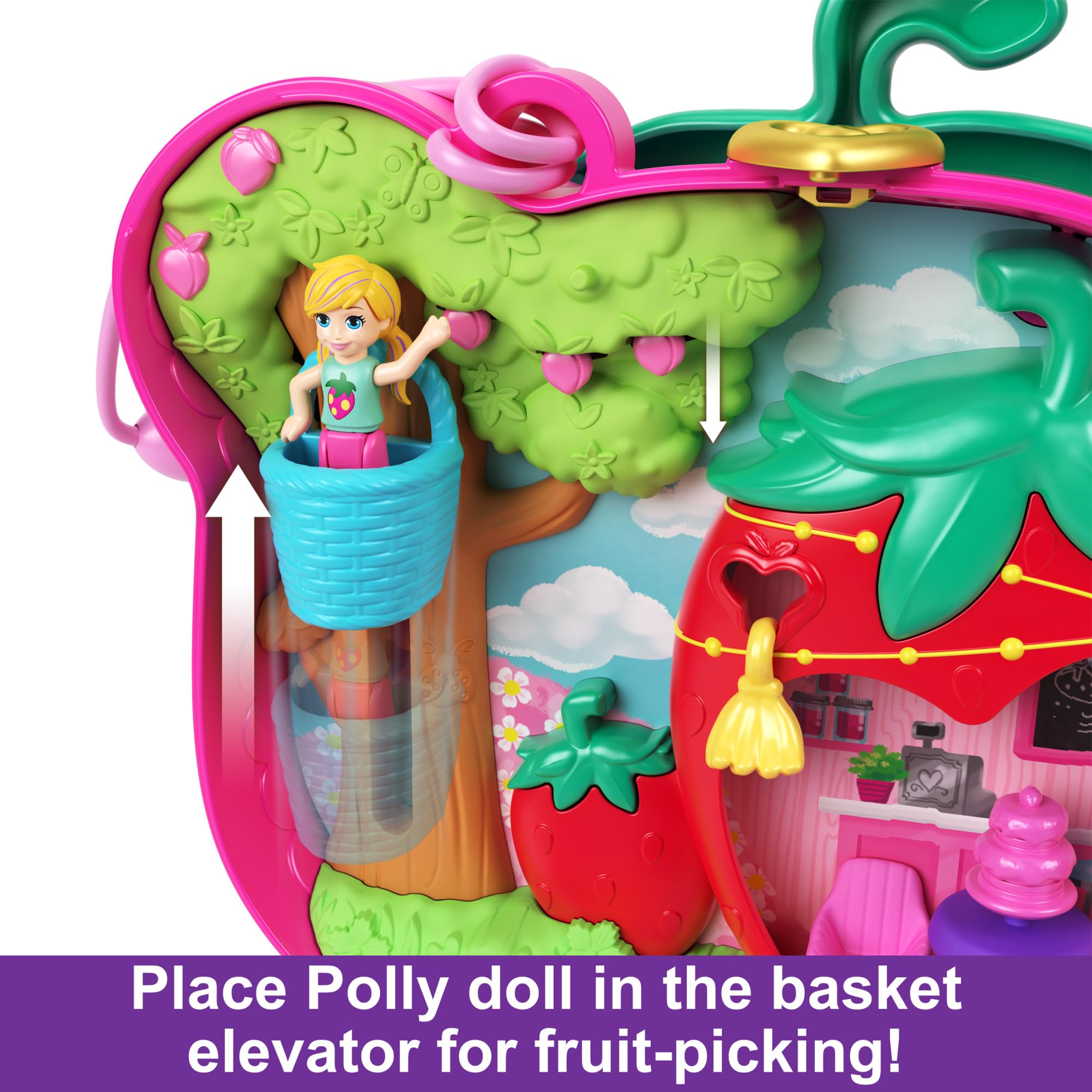Polly Pocket Straw-beary Patch Compact Playset - 2 Micro Dolls, 12 Accessories, Fidget Exterior, Ages 4+ 5
