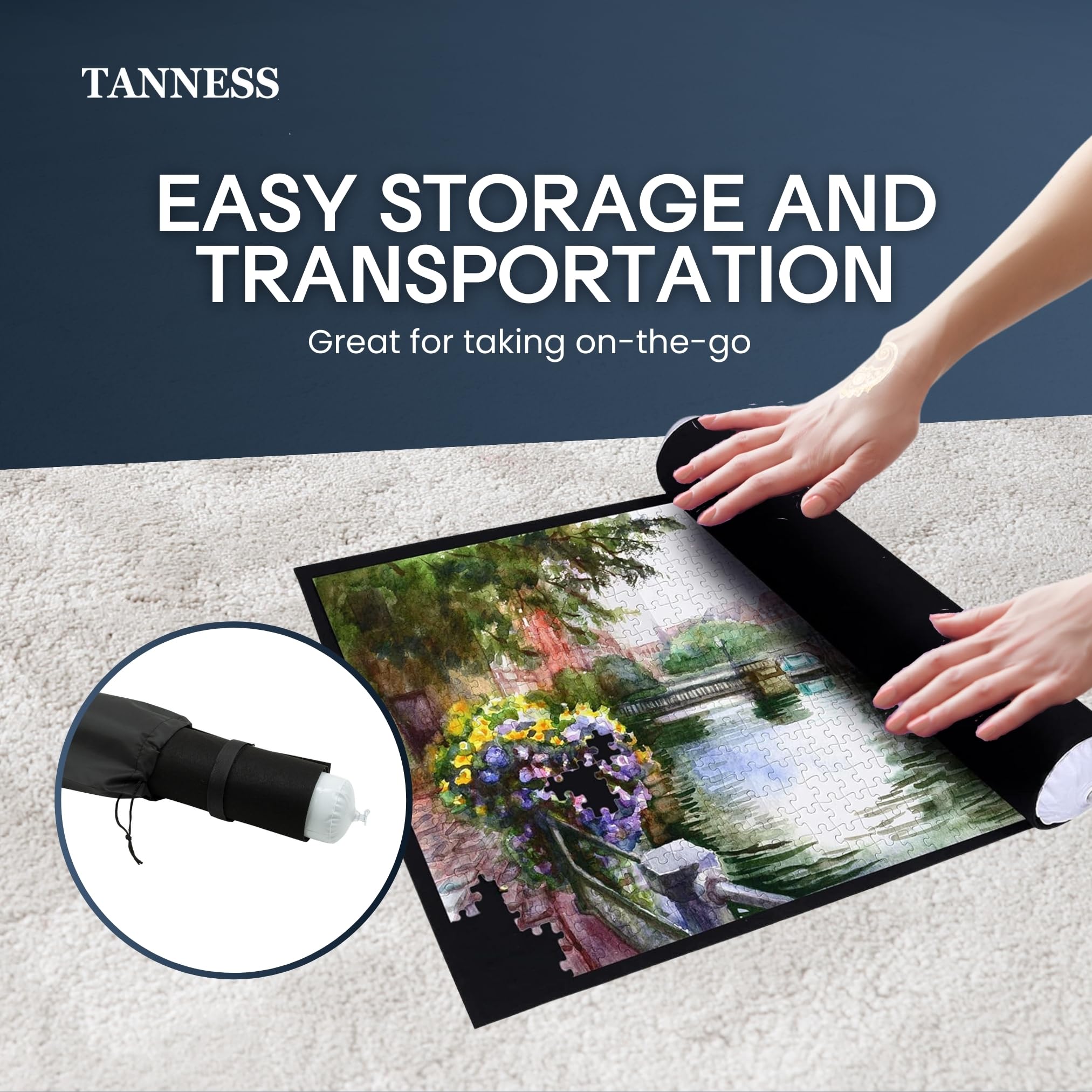 TANNESS Giant Jigsaw Roll Mat for 1500 Pieces Puzzle Storage | Felt, Black, 118cm x 118cm 3