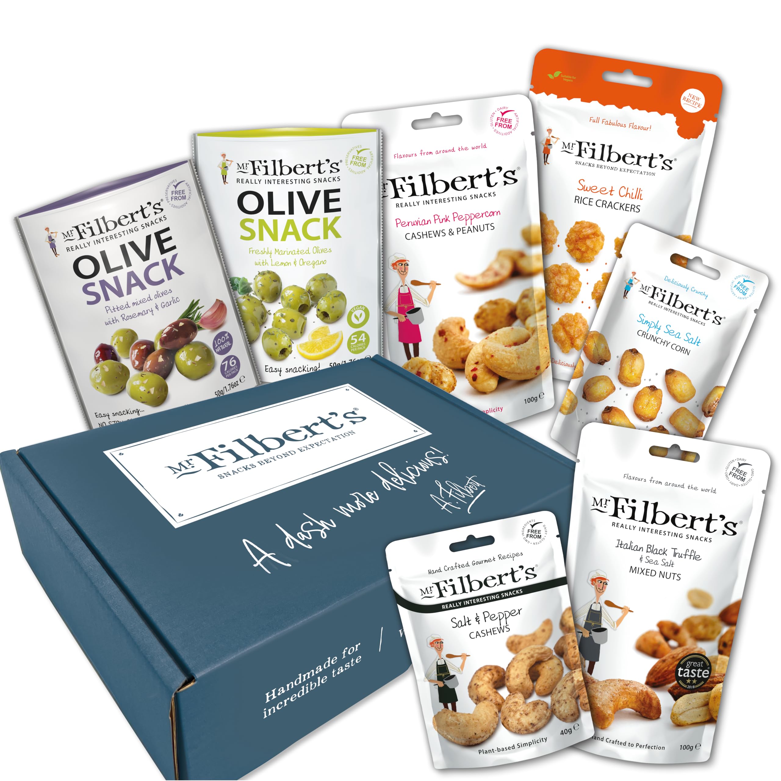Mr Filbert's Vegan Snack Selection Box - Olive Snacks, Nuts, Crunchy Corn & Rice Crackers