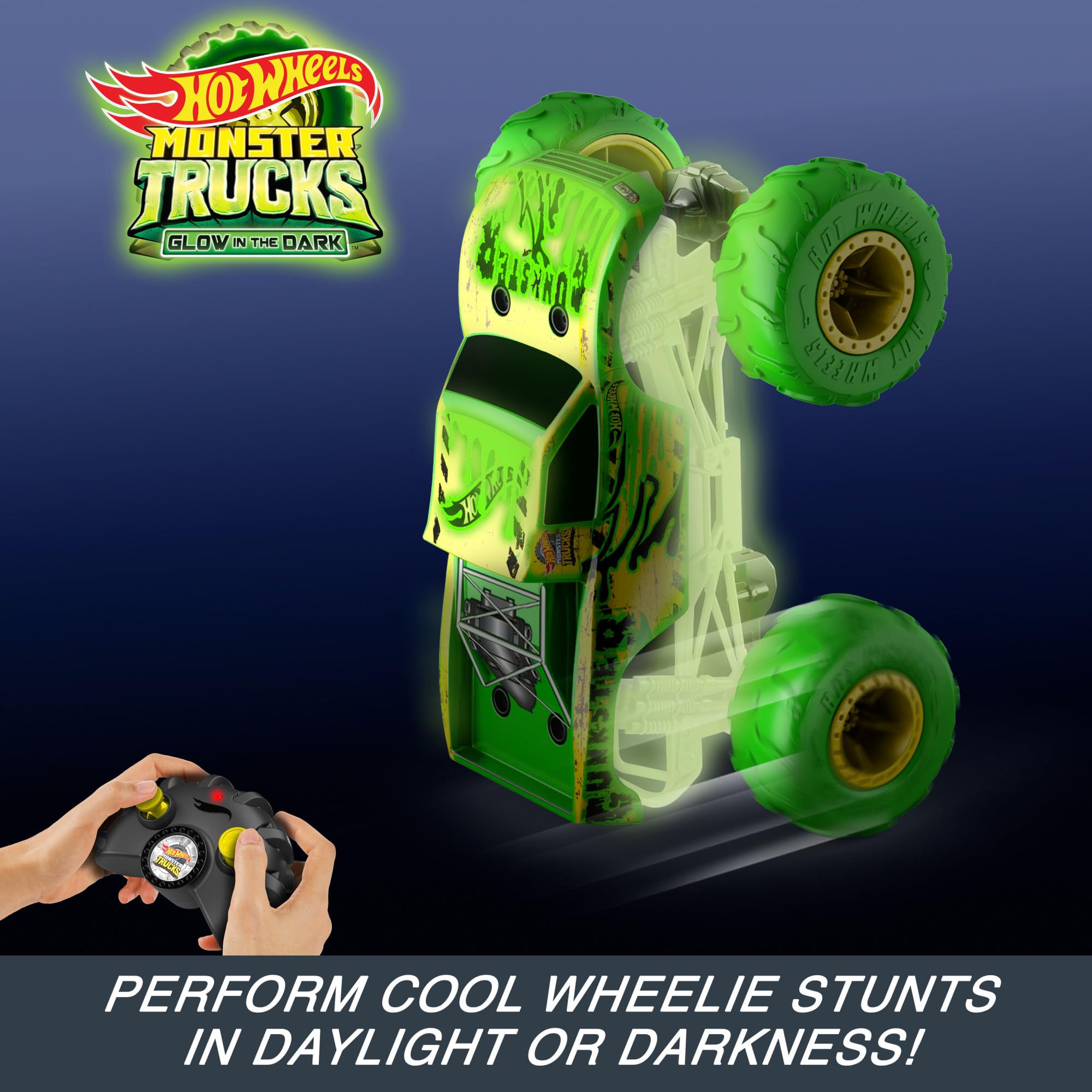Hot Wheels Monster Trucks Gunkster RC Truck - Glow in the Dark, 1:15 Scale, Wheelie Stunt Vehicle 6
