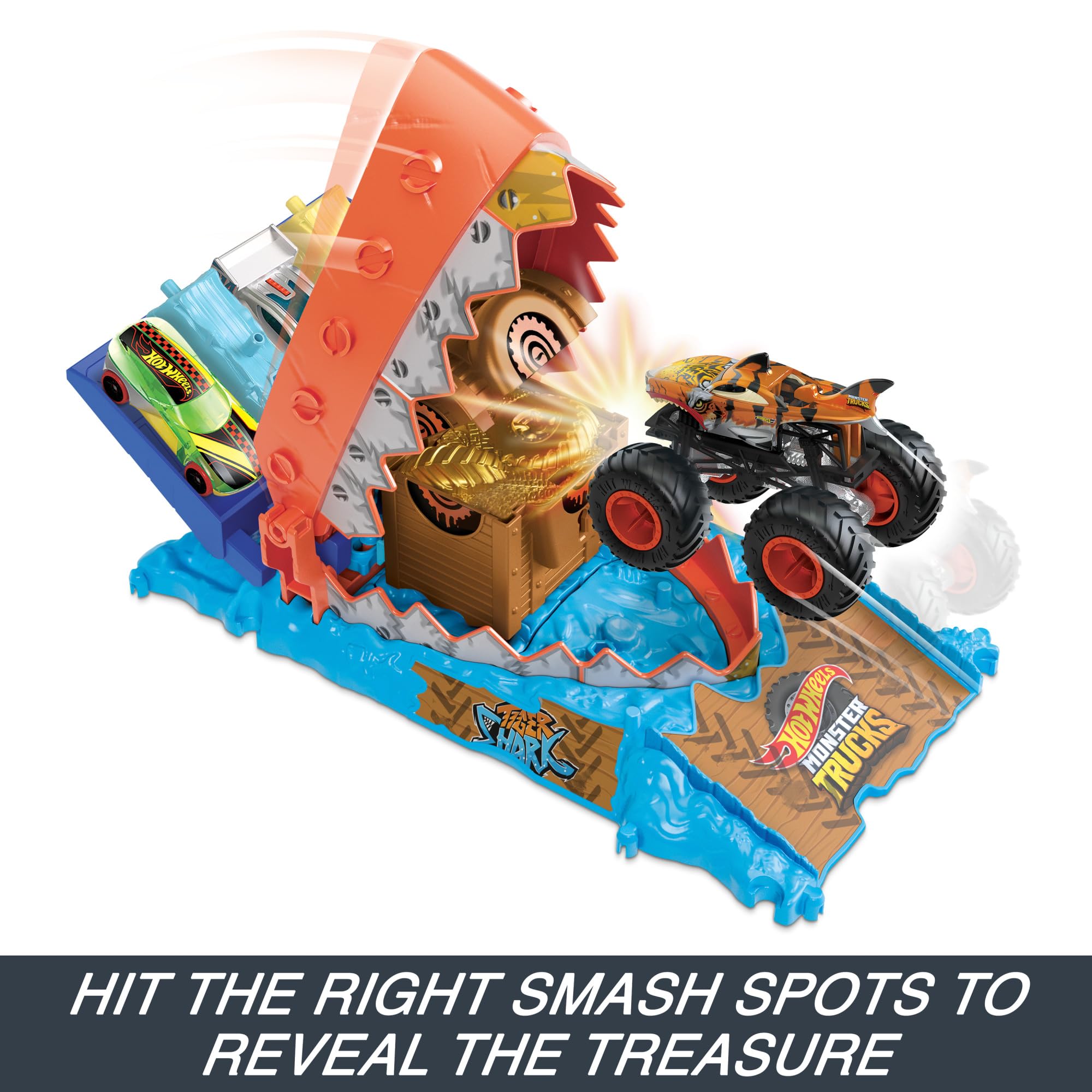 Hot Wheels Monster Trucks Arena Smashers Treasure Chomp Challenge Playset - Tiger Shark Action Playset for Kids 6