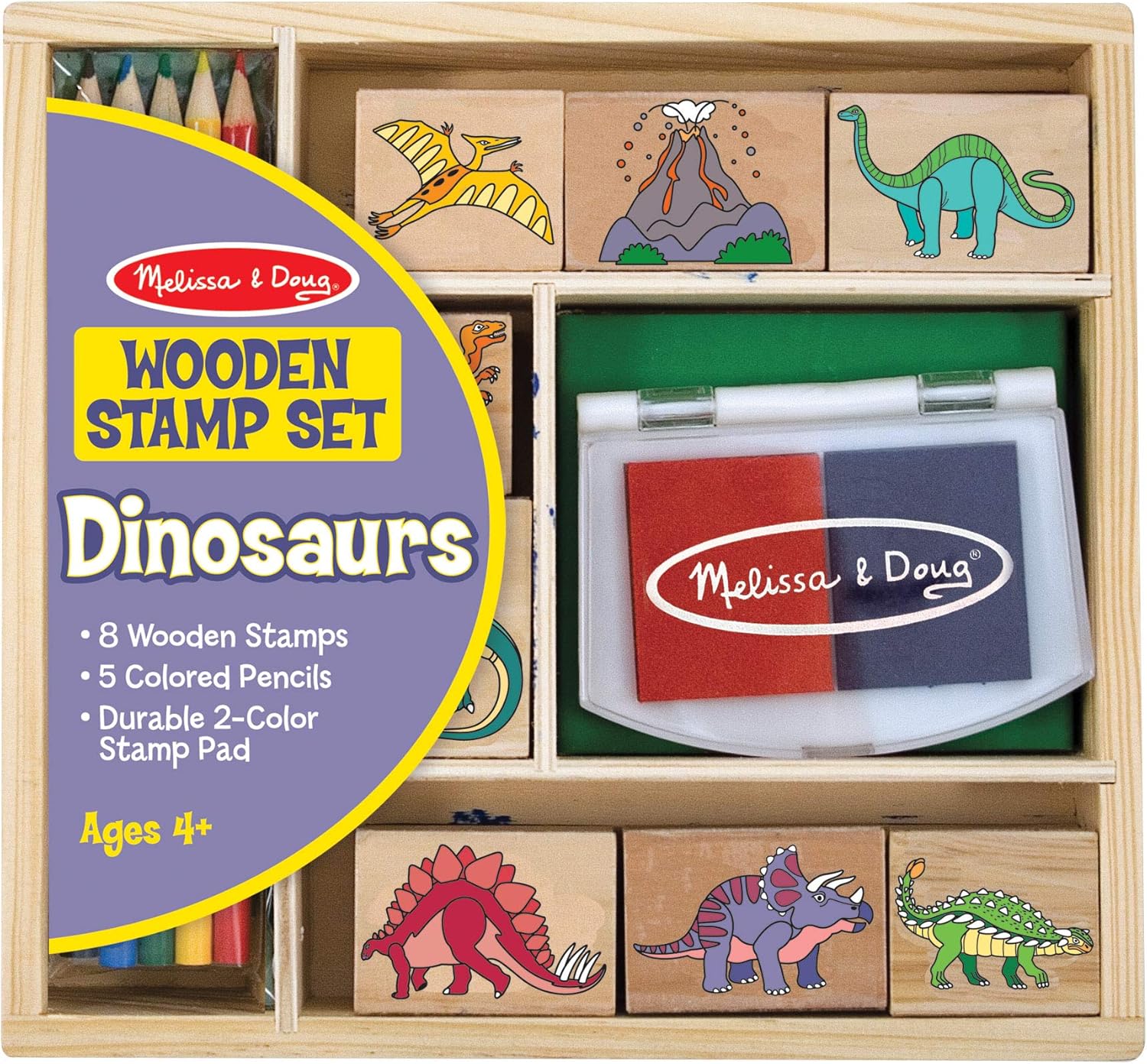 Melissa & Doug Dinosaur Stamp Set - 8 Stamps, 2-Color Inkpad & Colored Pencils, Ages 4+