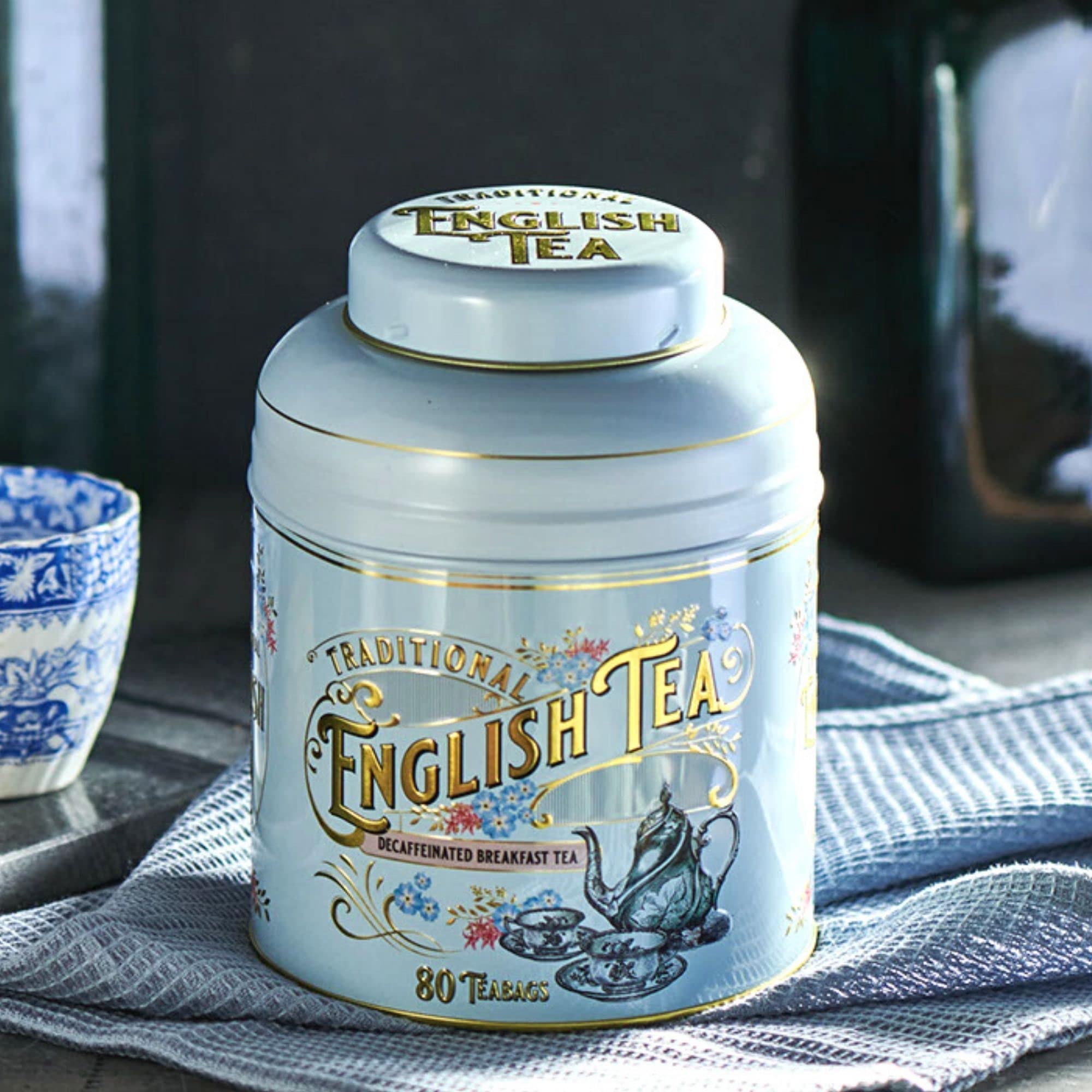 New English Teas Vintage Victorian Powder-Blue Tea Caddy with 80 Decaffeinated English Breakfast Teabags 4