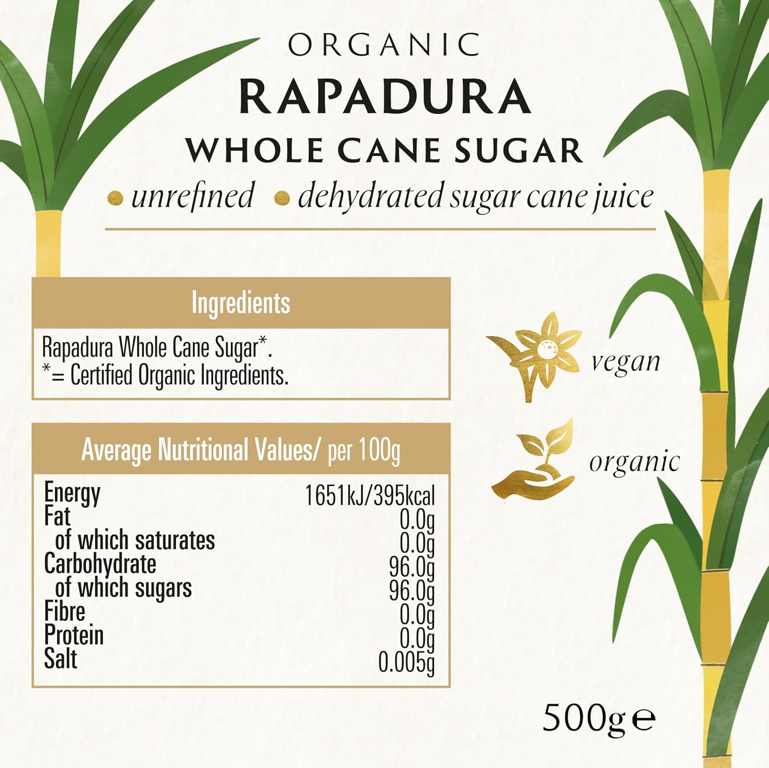 Biona Organic Rapadura Whole Cane Sugar 500g - Unrefined Caramel Flavour Sweetener