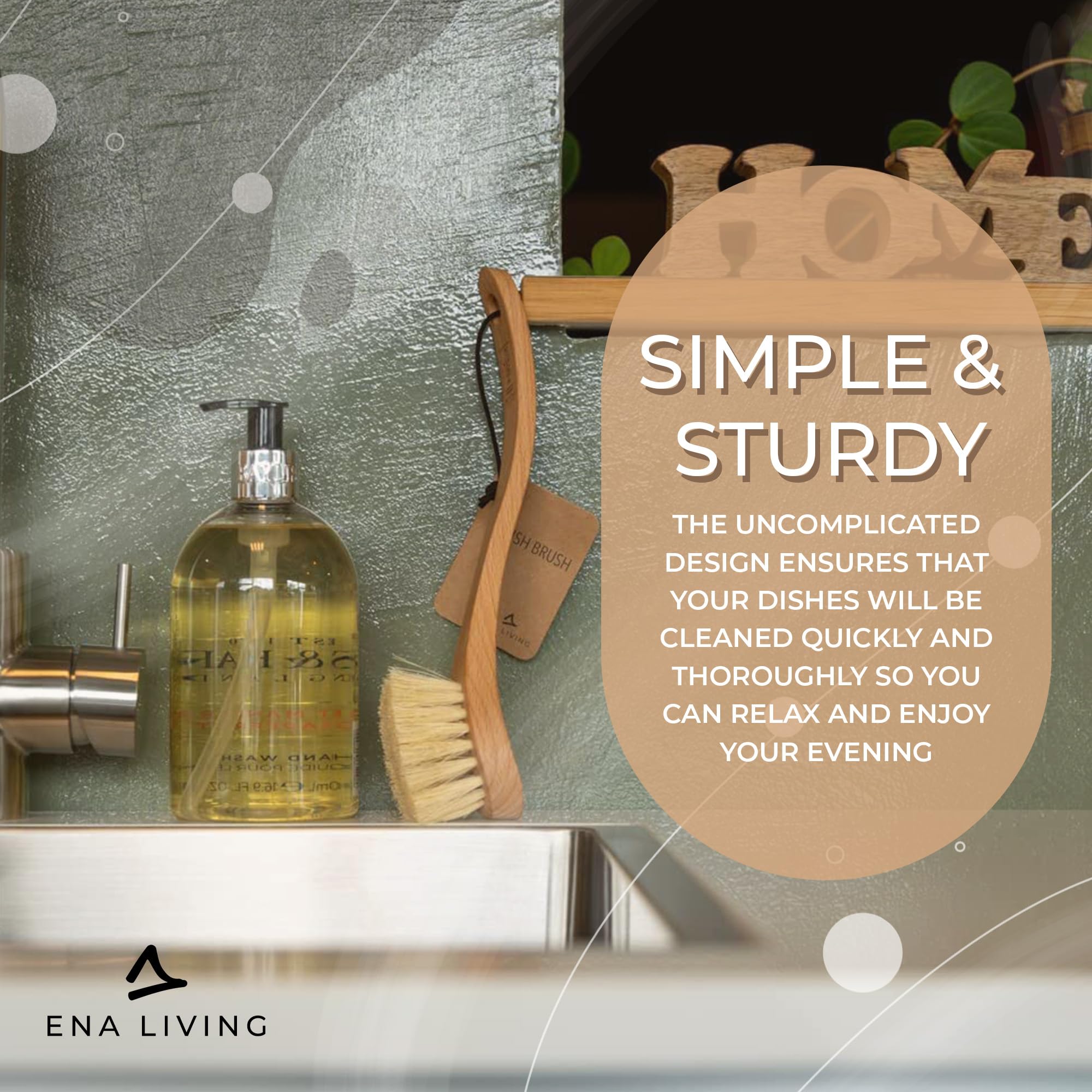 ENA Living Wooden Dish Brush (26x4 cm) | FSC-Certified Beechwood with Horsehair Bristles 7