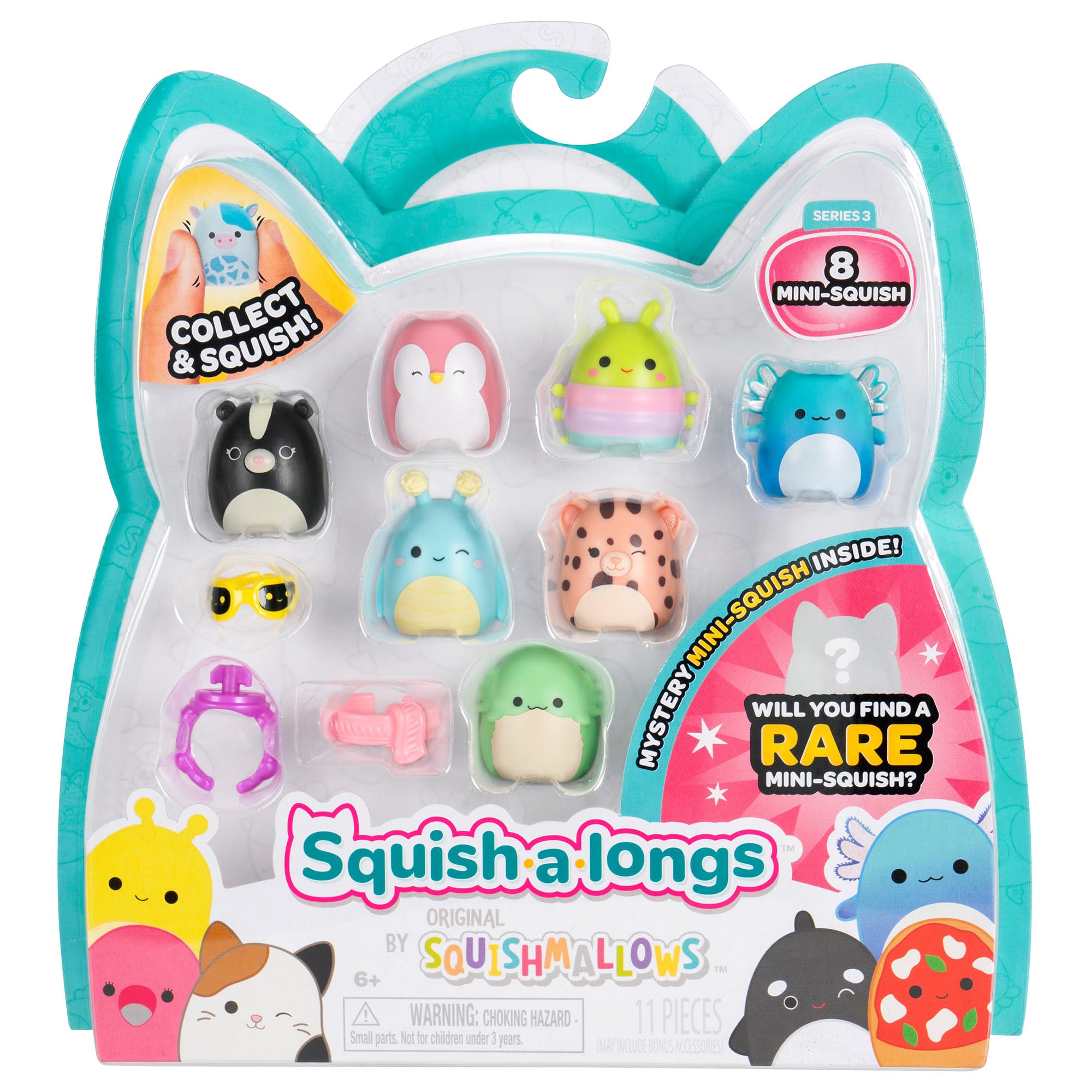 Squish-a-longs Mini-Squish 8-Pack Wave 3 - Skunk, Pink Penguin, Axolotl, Bearded Dragon, Grasshopper, Cheetah, Caterpillar, Mystery Chase 8