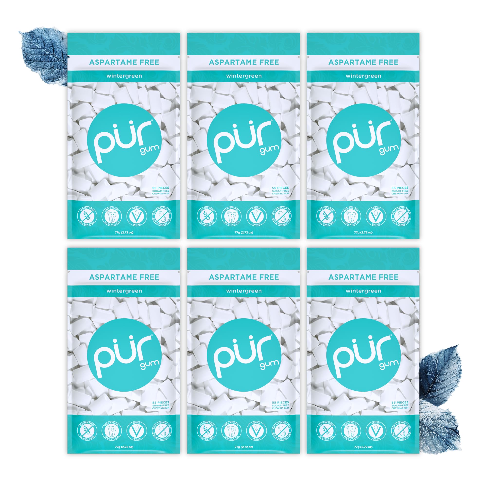 PUR Gum - Sugar Free Wintergreen Chewing Gum | Xylitol Sweetened | Vegan, Keto Friendly | 6 Pack of 55 Count