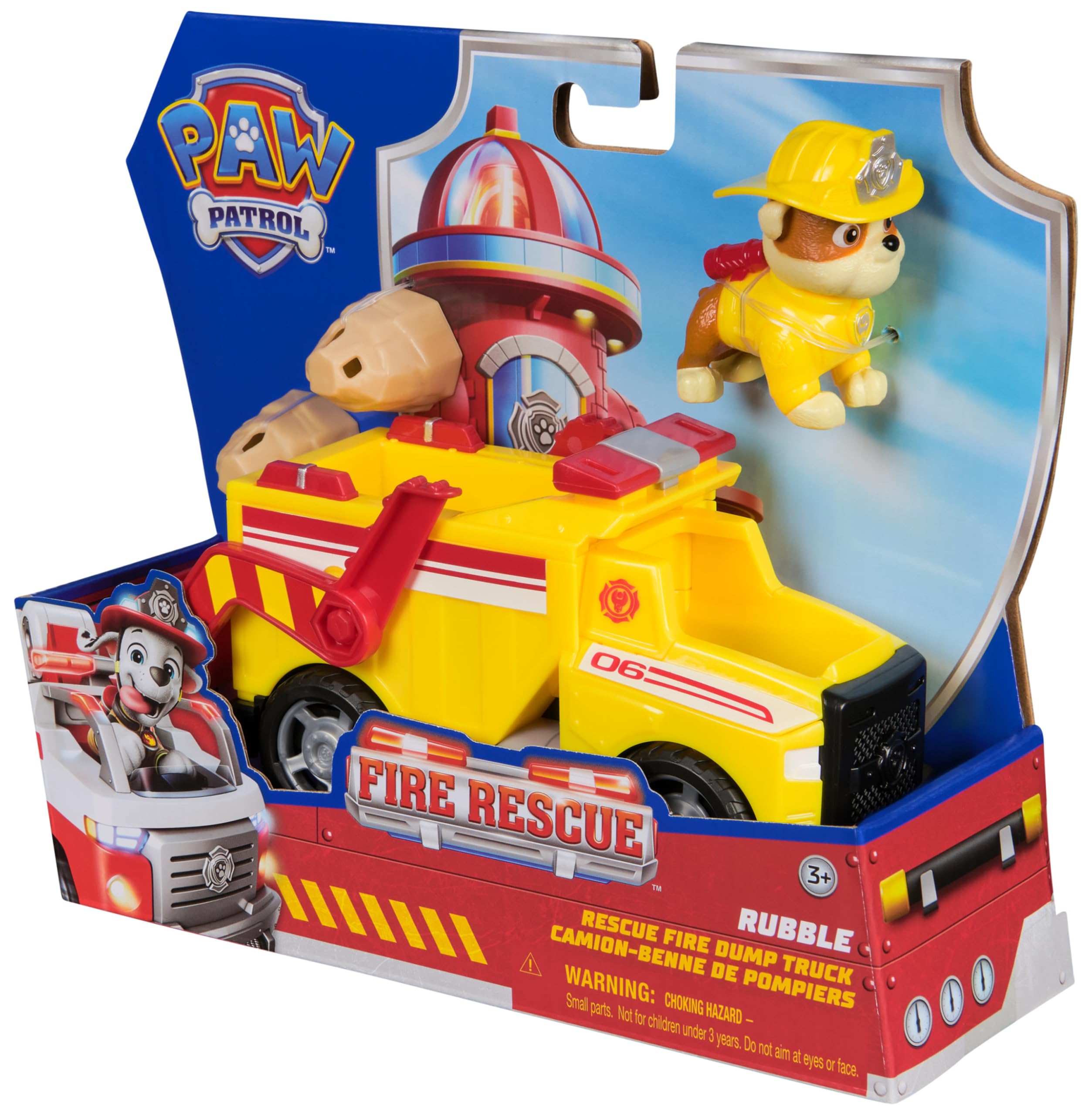 PAW Patrol Rubble Rescue Fire Dump Truck with Action Figure and Projectiles - Fire Rescue Playset for Kids 8