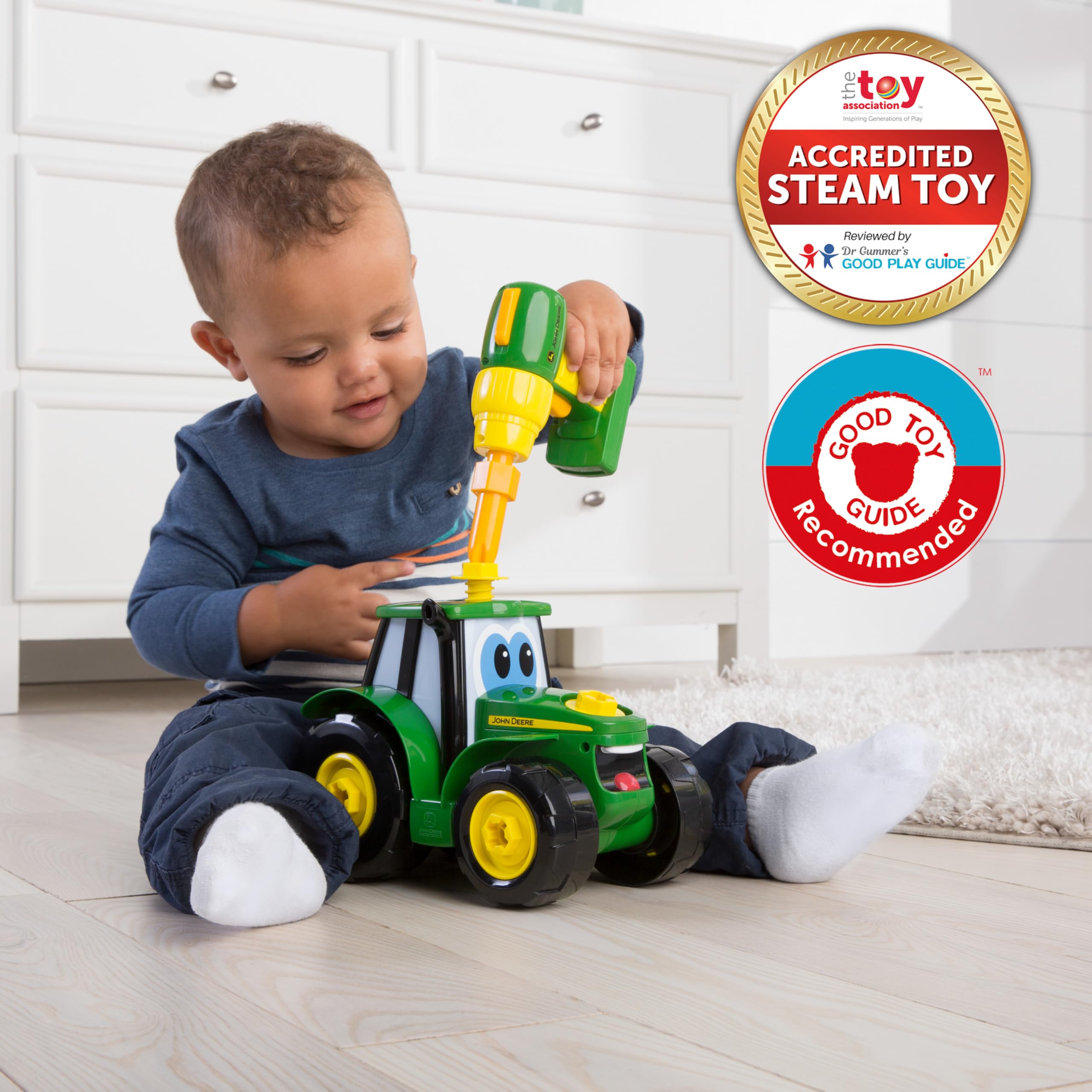 BUILD-A-BUDDY John Deere Build A Johnny Tractor - 16 Piece Building Toy | Motorised Drill | Ages 18 Months+