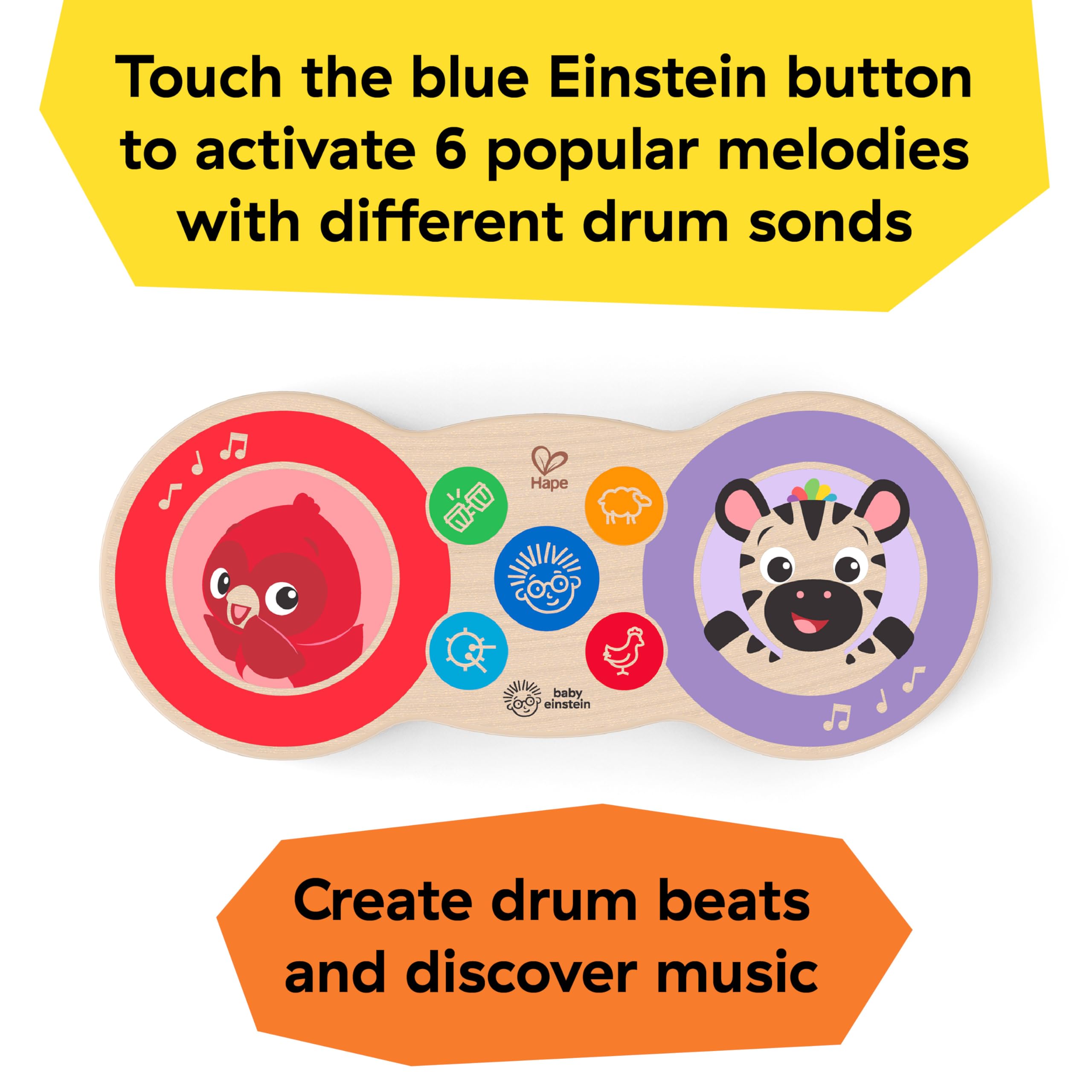 Baby Einstein Upbeat Tunes Magic Touch Drum - Wooden Musical Toy for Toddlers 6M+ 7