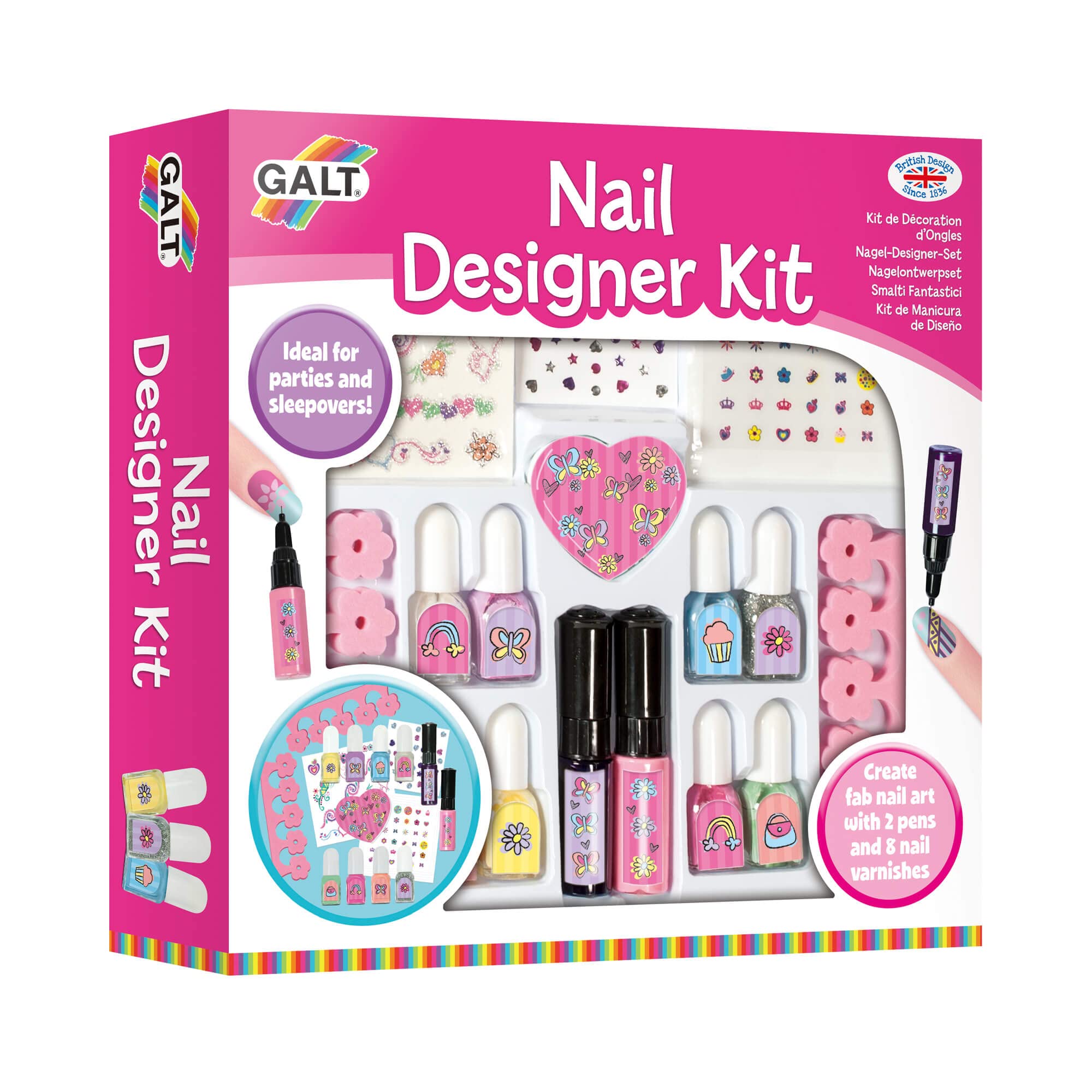 Galt Toys Nail Designer Kit for Kids, 7+ Years, 7 Colors & 2 Nail Pens with Stickers, Gems, and Glitter Varnish 7