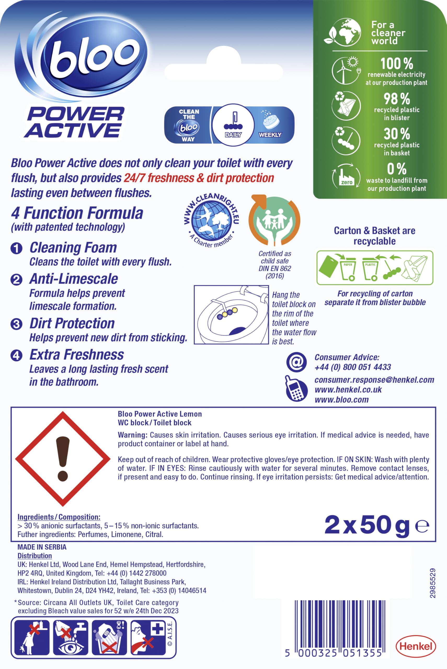 Bloo Power Active Toilettenrandstein – Zitronenduft mit Anti-Kalk- und Schaumreinigung (240 Spülungen) 6