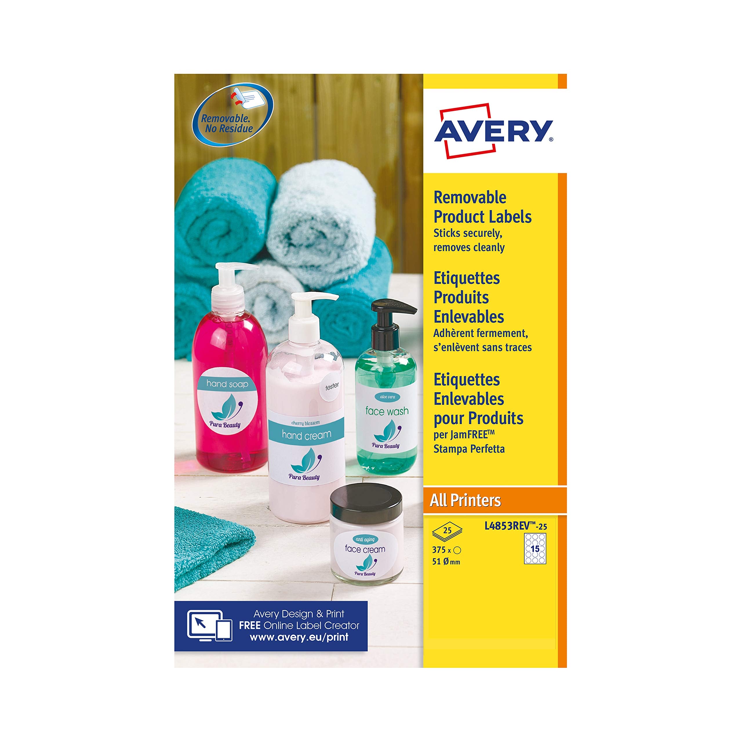 AVERY L4853REV Removable Round Printer Labels - 51mm, 375 Total Labels, Inkjet & Laser Compatible 1