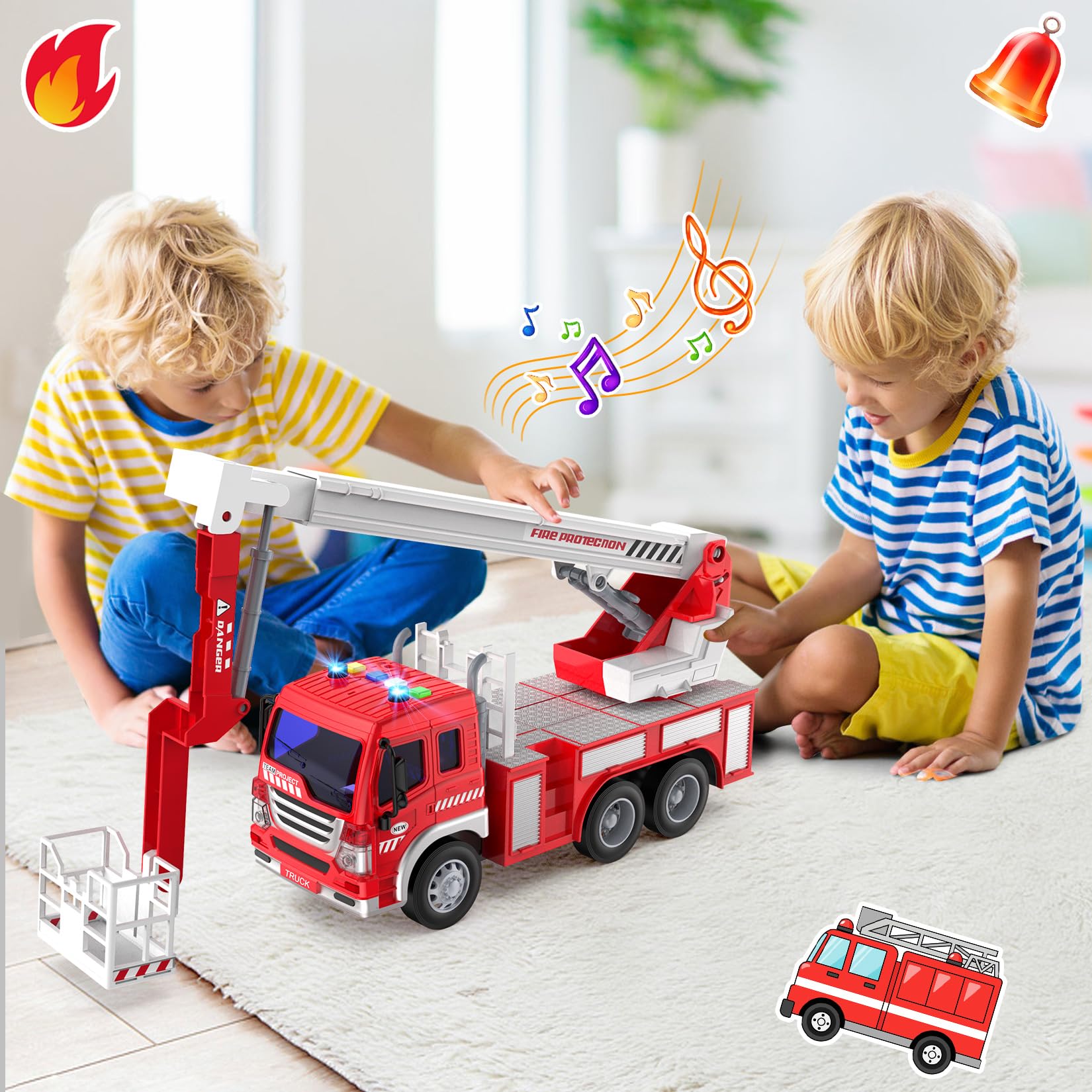 GizmoVine Fire Engine Toy - Lights, Sound & 360° Rotating Ladder Rescue Vehicle for Kids 3+ 7