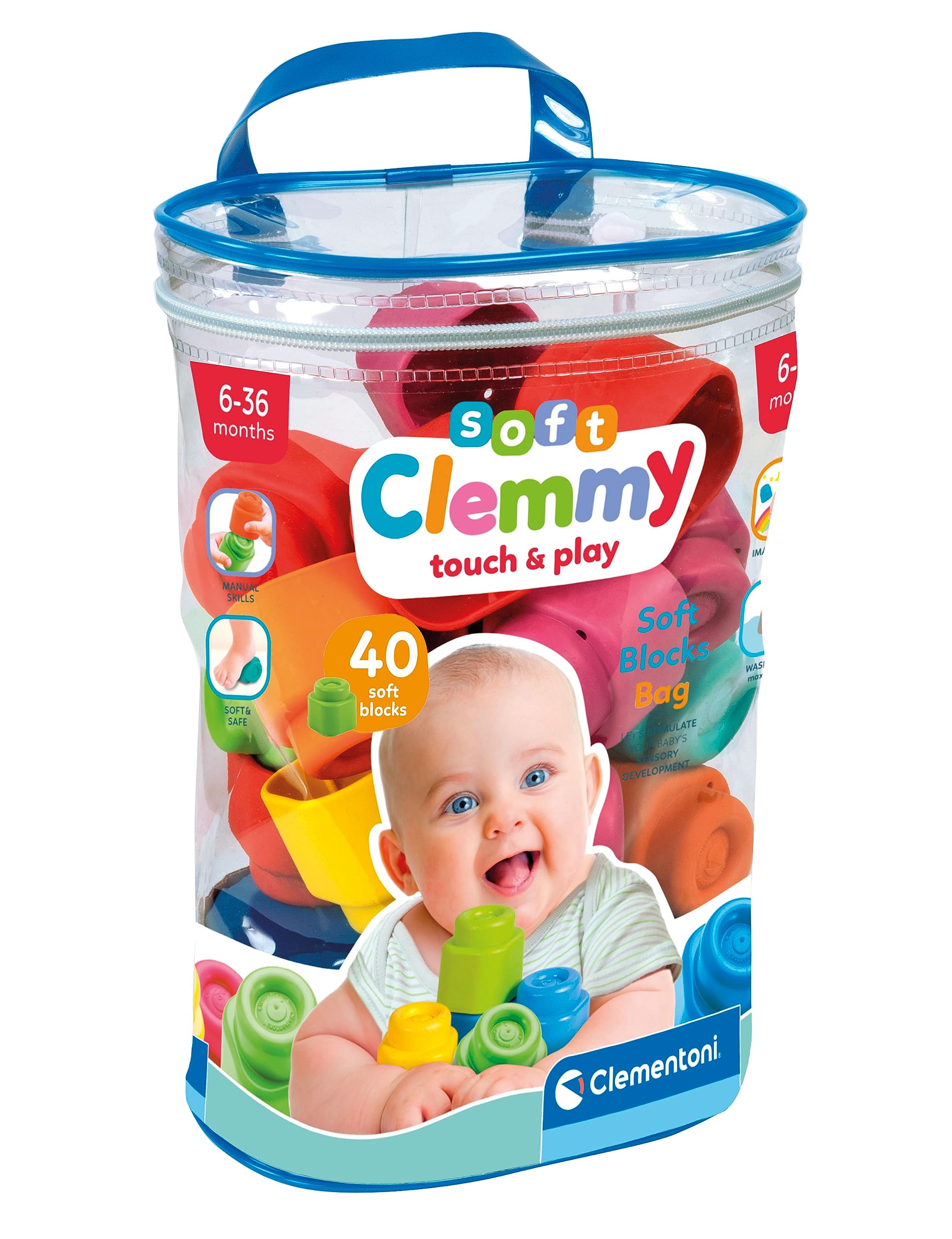 Clementoni Baby Soft Blocks - 40-Piece Clemmy Bag for Ages 6 Months to 3 Years