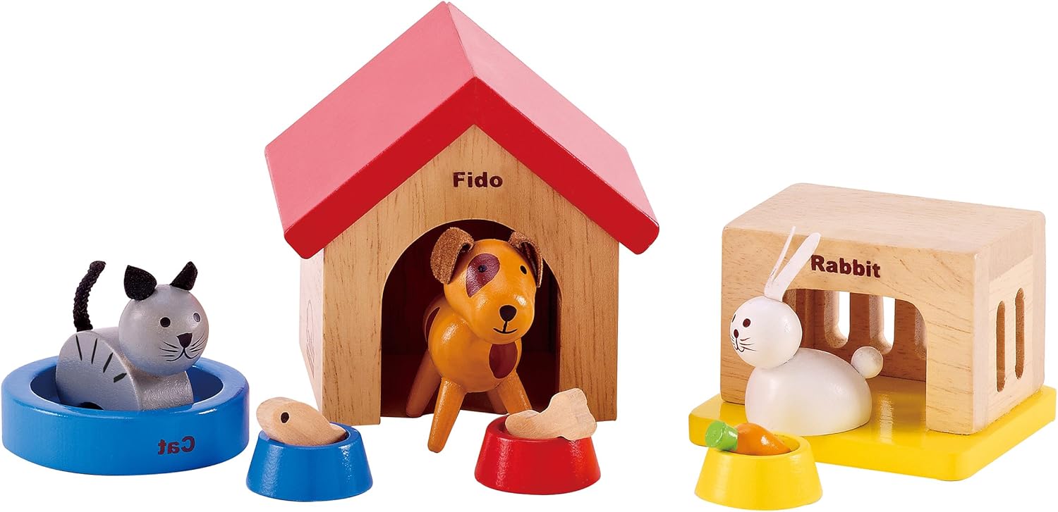 Hape Family Pets Wooden Playset - Dog, Cat, Bunny with Homes & Food Bowls for 3+ Years 7