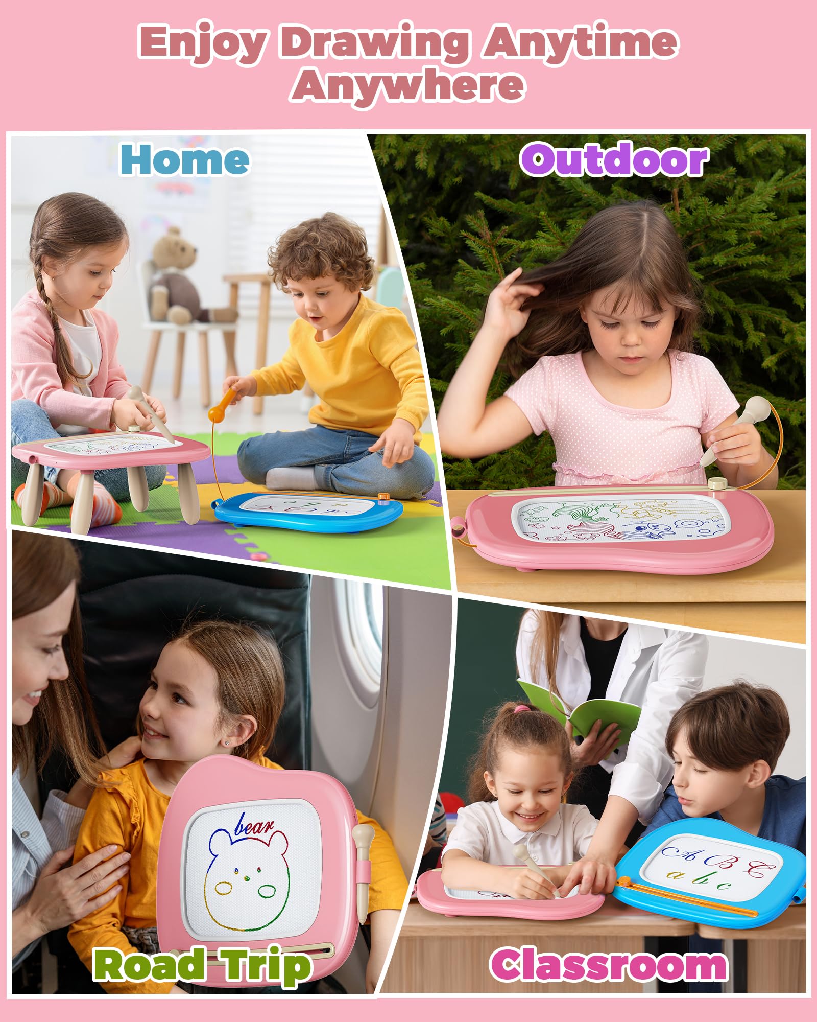 KOKODI Magnetic Drawing Board - 4 Color Zones | Adjustable Height | Pink | Ages 1-3 6