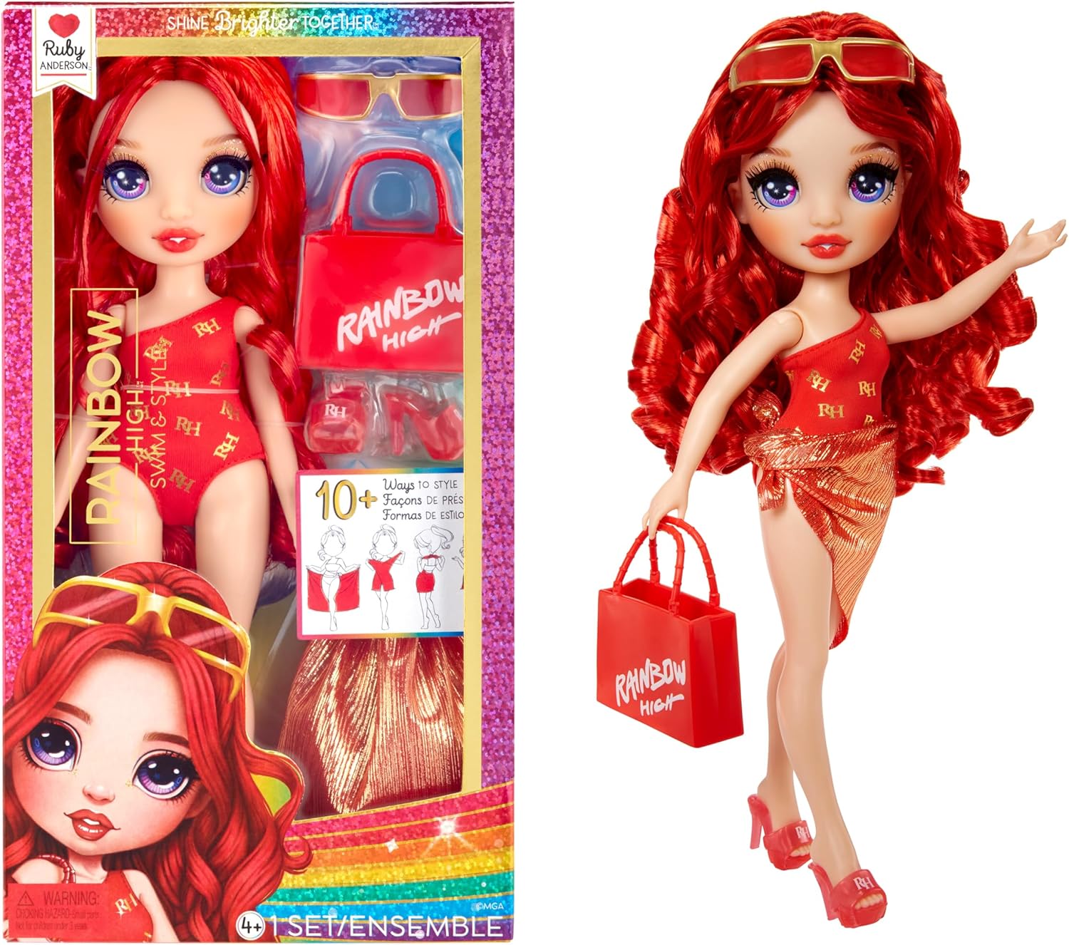 Rainbow High Swim & Style Ruby Doll - 28 cm Fashion Doll with Shimmery Wrap, Red Swimsuit & Accessories