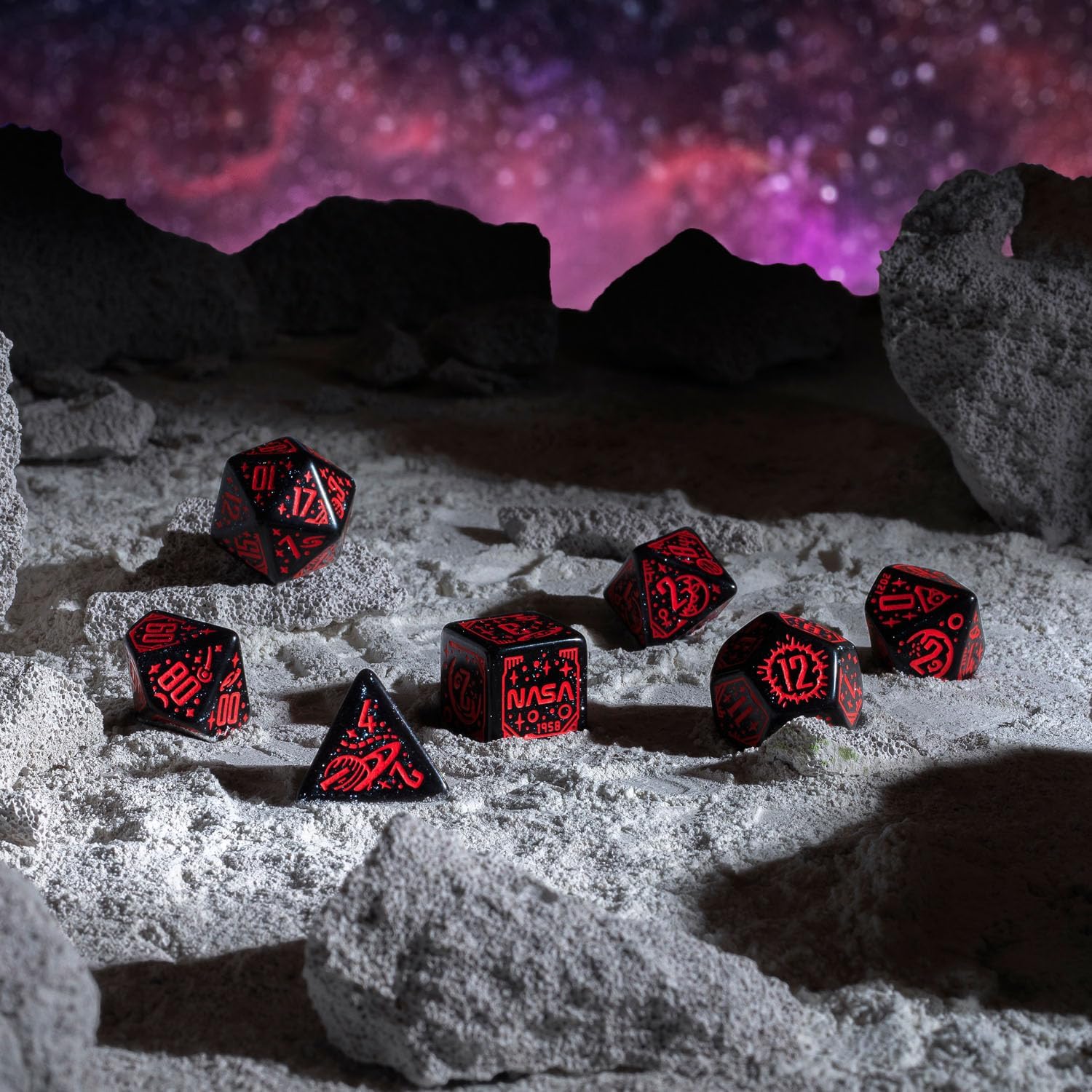 Q WORKSHOP Space Dice Set Voyager RPG Dice – Shimmering Black with Red Engraving 4
