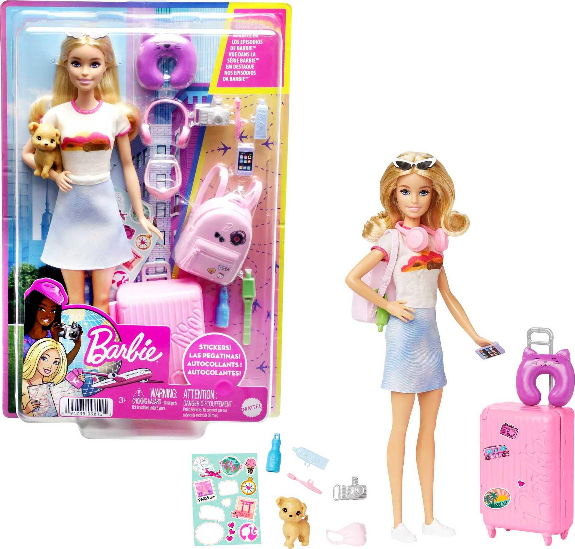 Barbie Malibu Travel Set with Puppy & 13-Piece Accessories - Doll Playset for Ages 3+