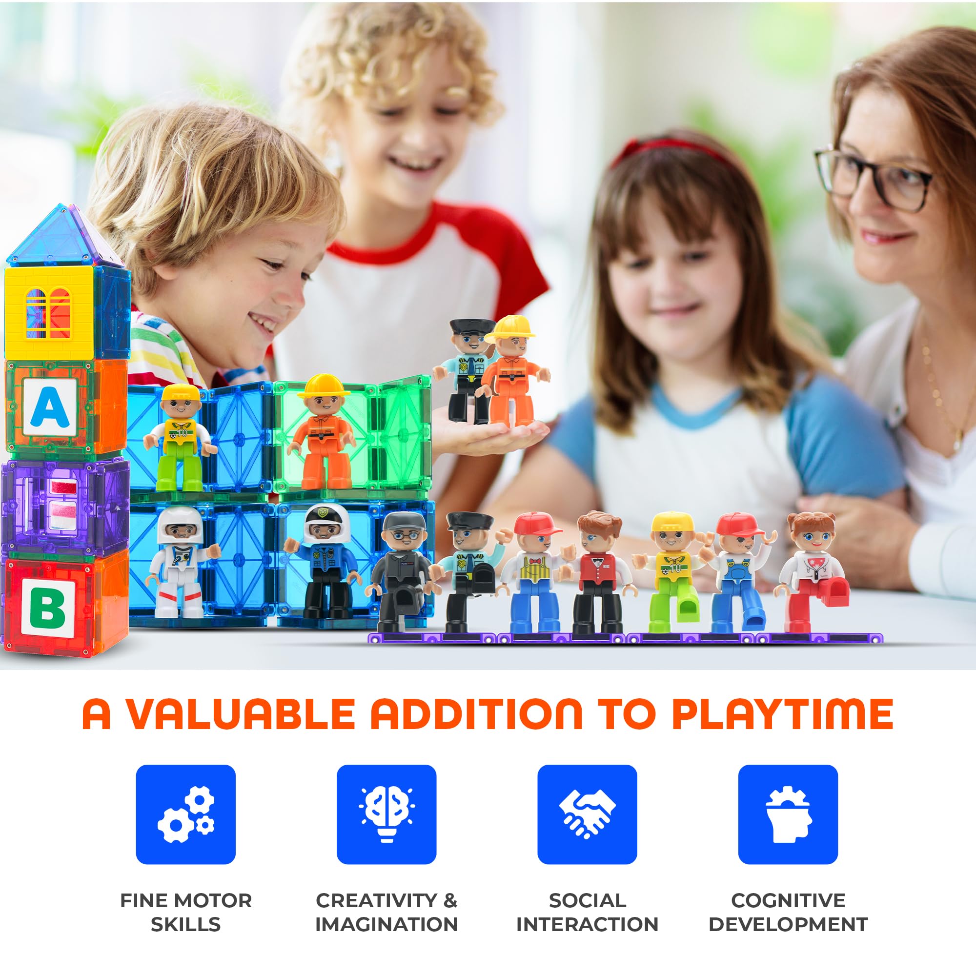 Playmags Large Magnetic Figures Community Set of 15 Pieces - 3 Inch Magnetic People for Kids 7