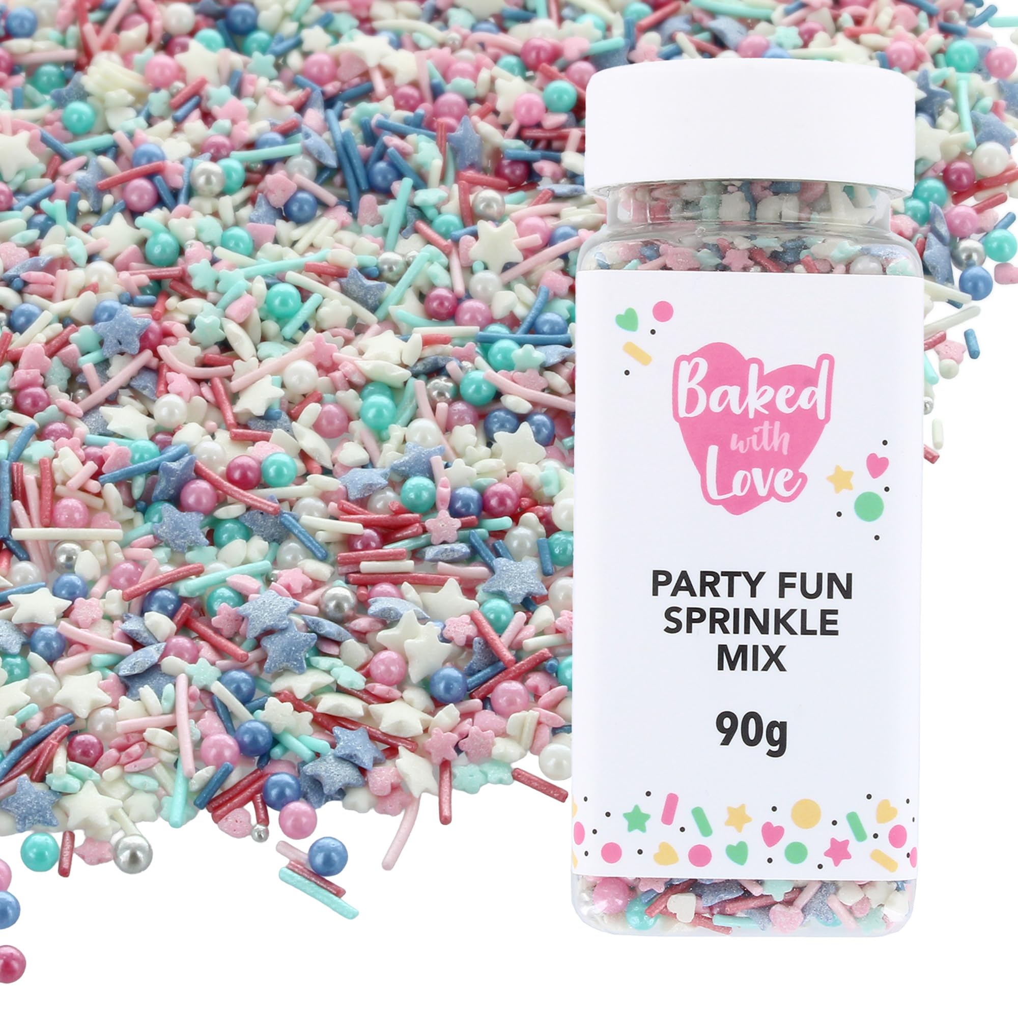 Baked With Love Party Fun Sprinkles - Blue, Pink & White Sugar Mix | 90g Resealable Bottle