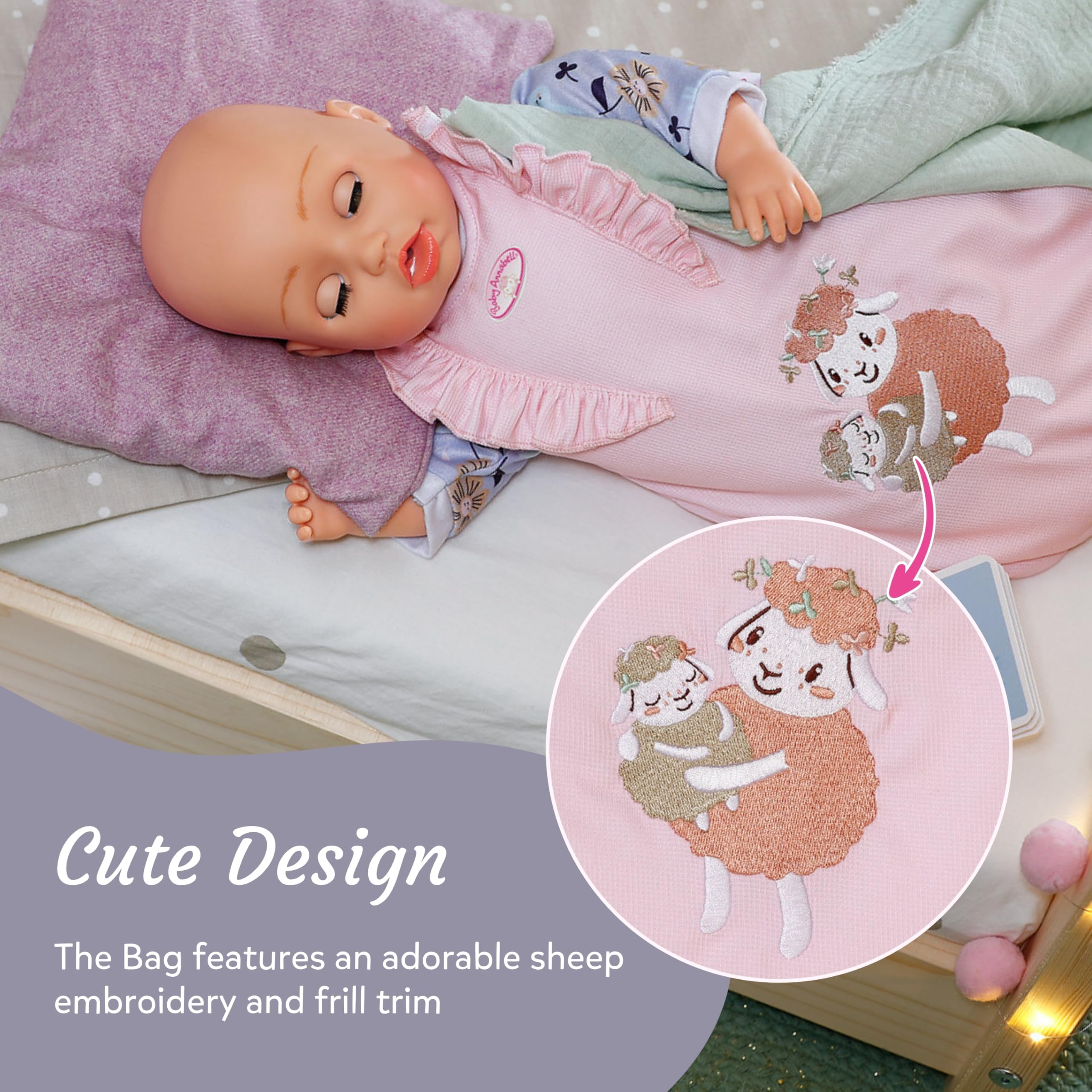 Baby Annabell - Sleeping Bag for 36cm & 43cm Dolls - Pink Floral Design with Sheep Embroidery 6