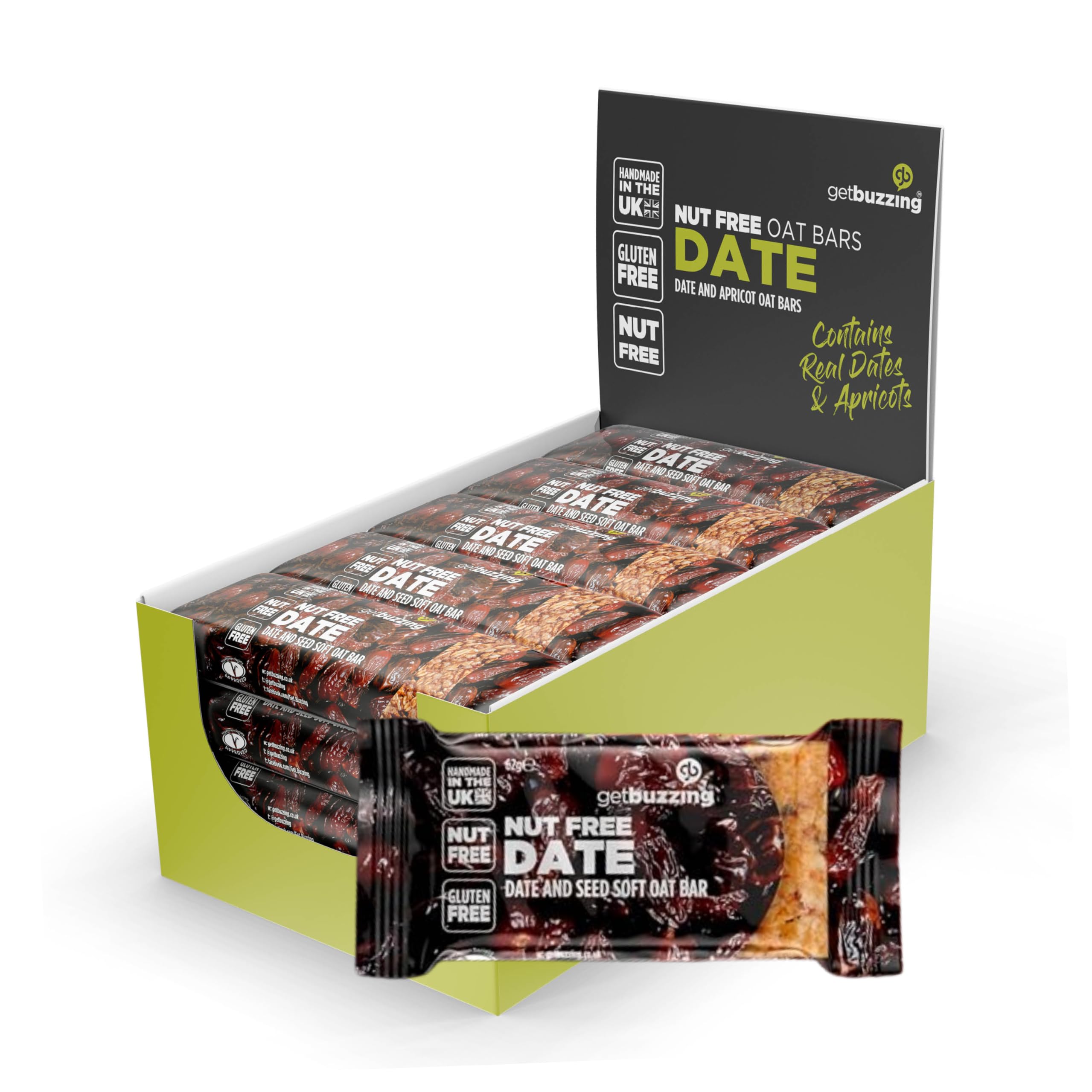 Getbuzzing Nut Free Oat Flapjack Healthy Snack & Energy Bars - Date & Seed, 20 Pack