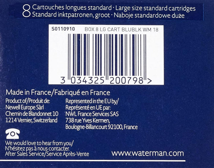 Waterman Fountain Pen Ink Cartridges - Mysterious Blue Long Ink Cartridges (8 Count)