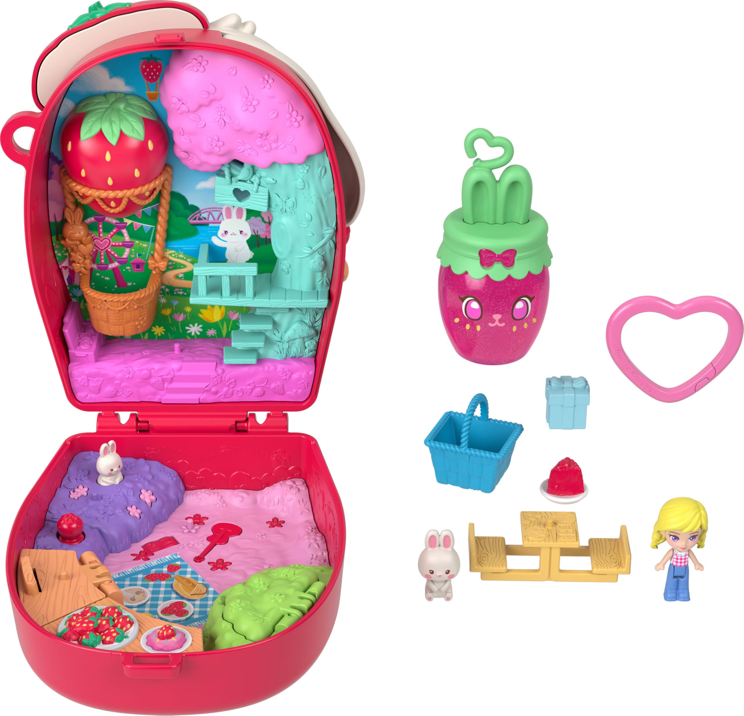 Polly Pocket Strawberry Picnic Bunny Compact Playset | Micro Doll & 8 Accessories | Ages 4+