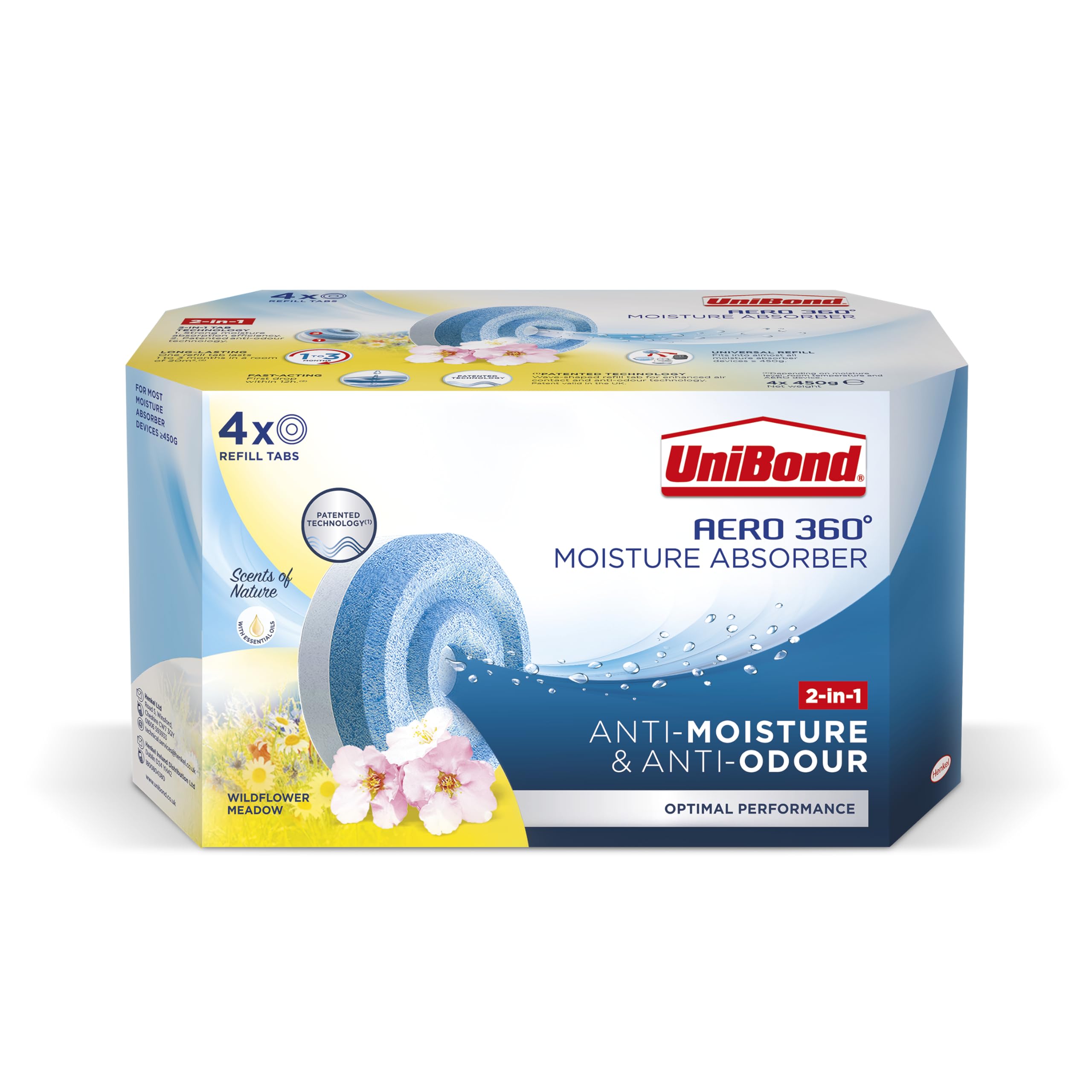 Unibond AERO 360° Wildflower Meadow Refill Tabs - 4x450g Moisture & Odour Absorber for Home