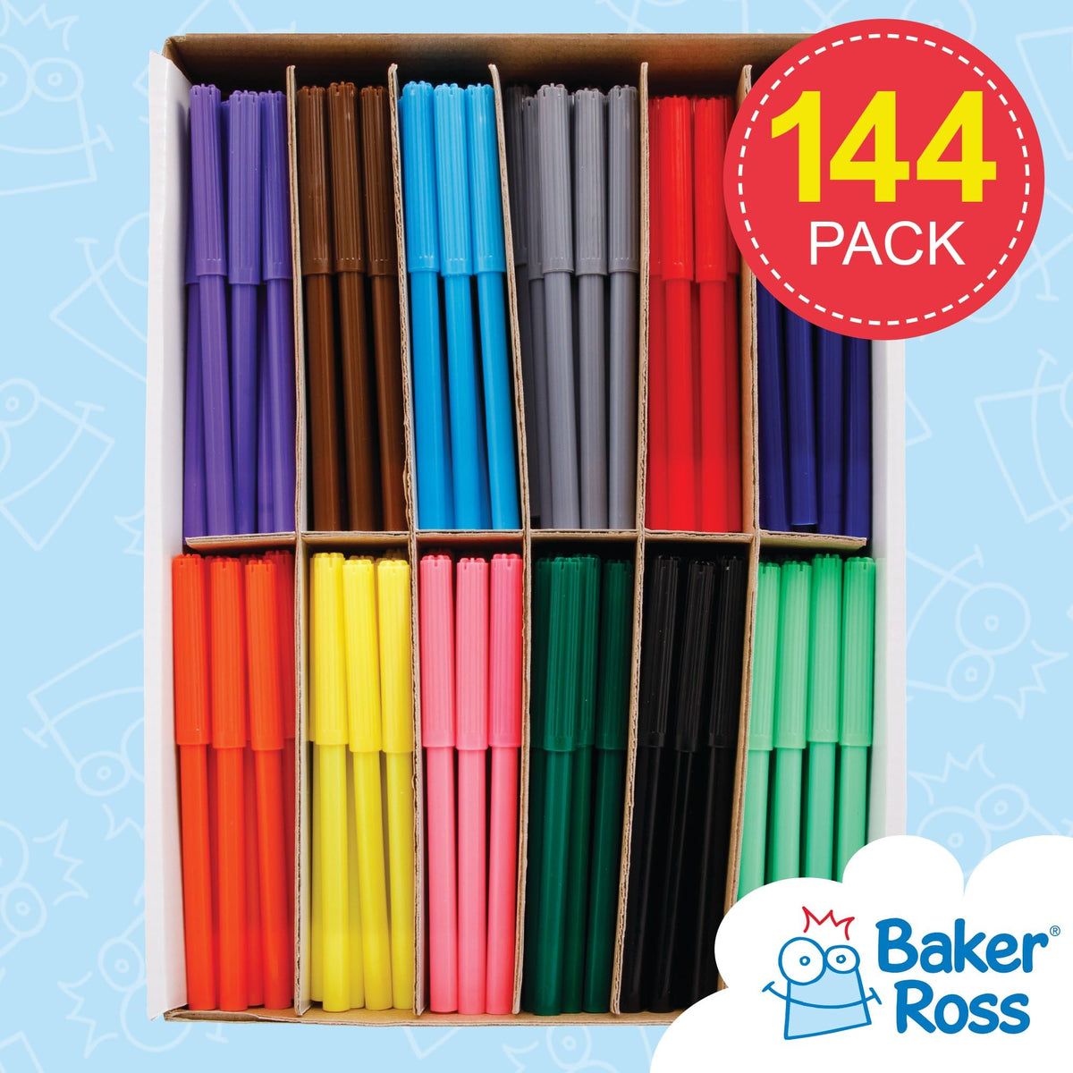 Baker Ross Fine Tip Fibre Tip Pens - 144 Pens, 12 Colours