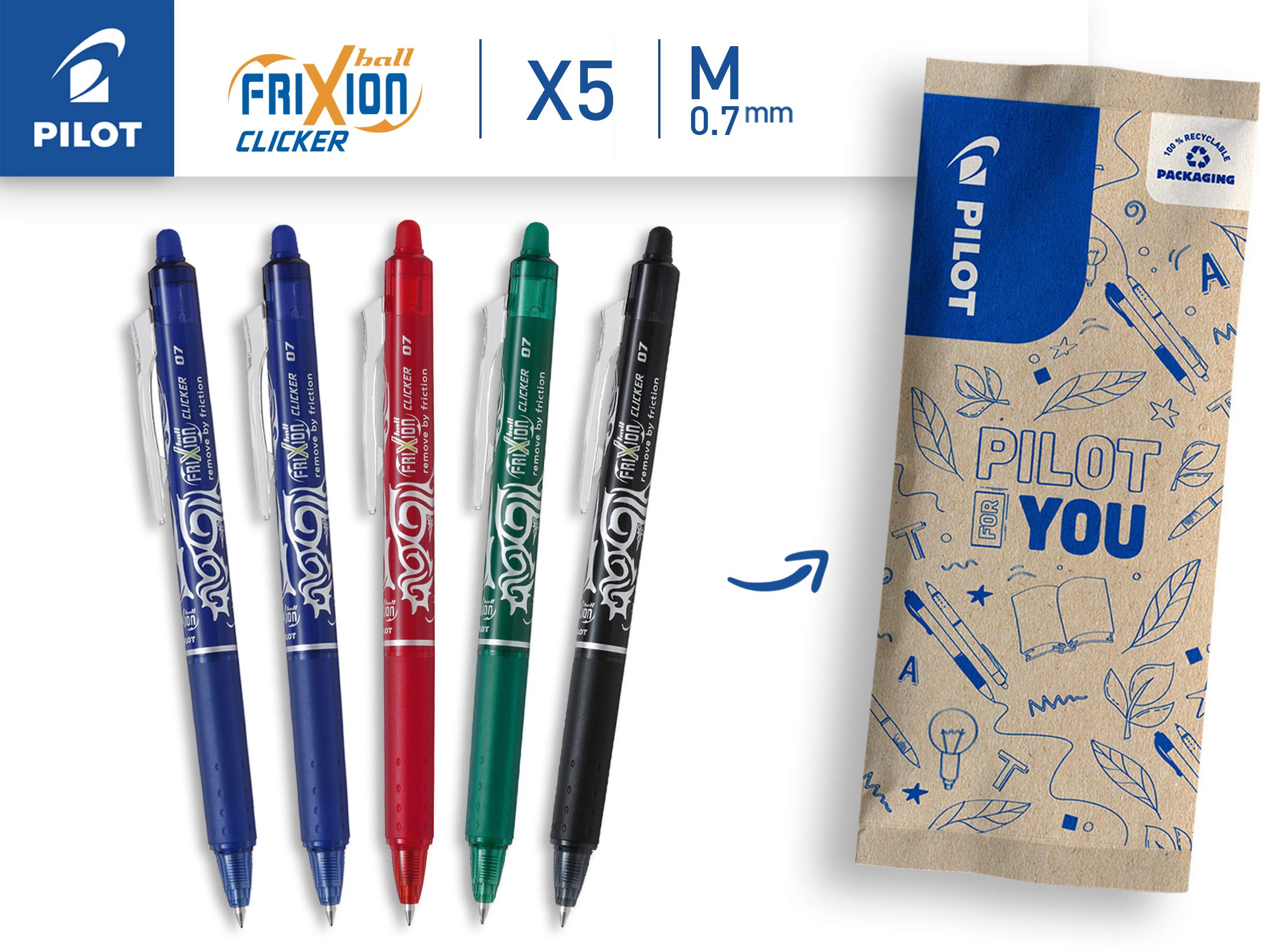 PILOT FriXion Ball Clicker Erasable Rollerball Pen - Medium 0.7mm Tip - Pack of 5 2