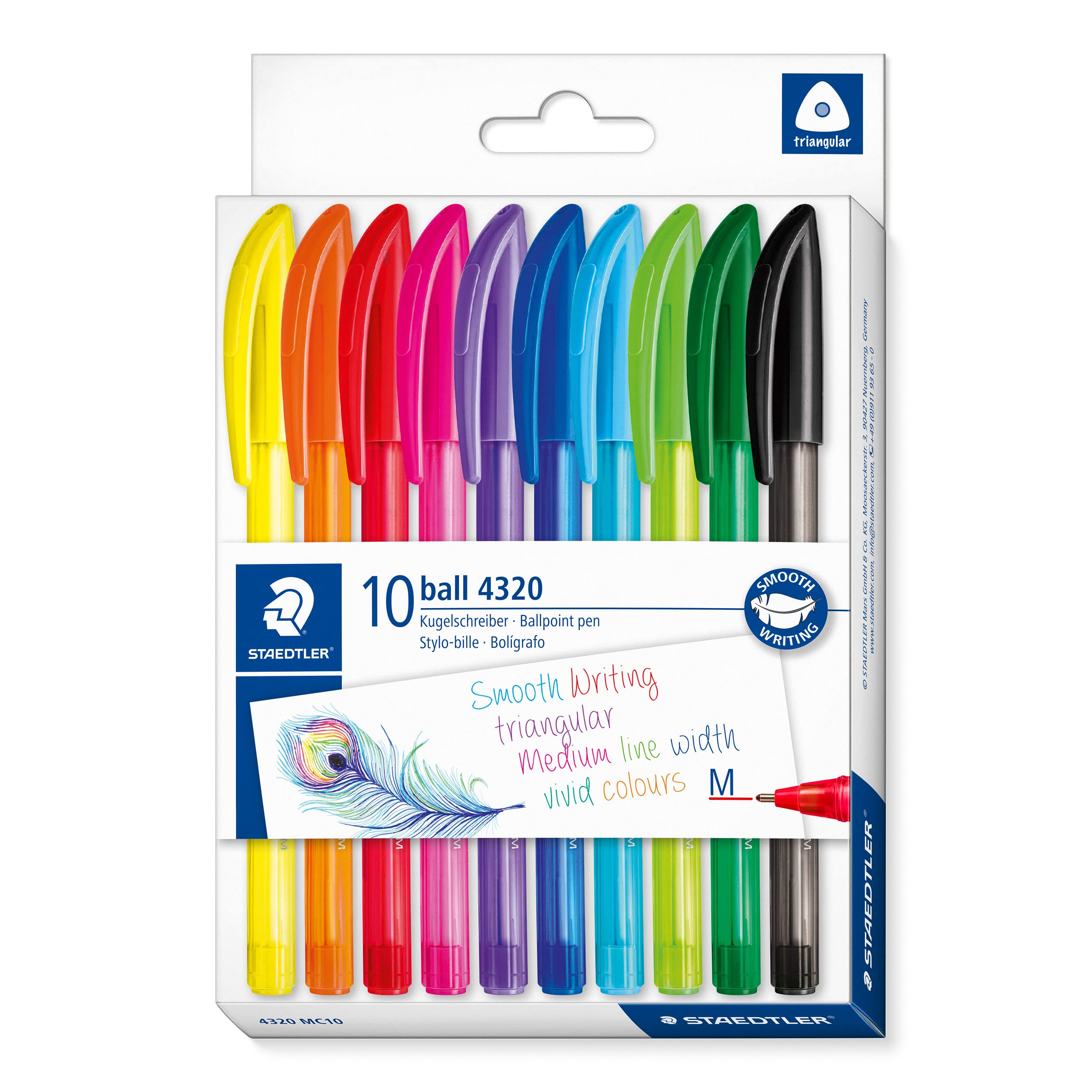 STAEDTLER 4320 MC10 Stick Ballpoint Pen - Triangular Barrel, 1.0mm Medium Line, Pack of 10 Assorted Colours