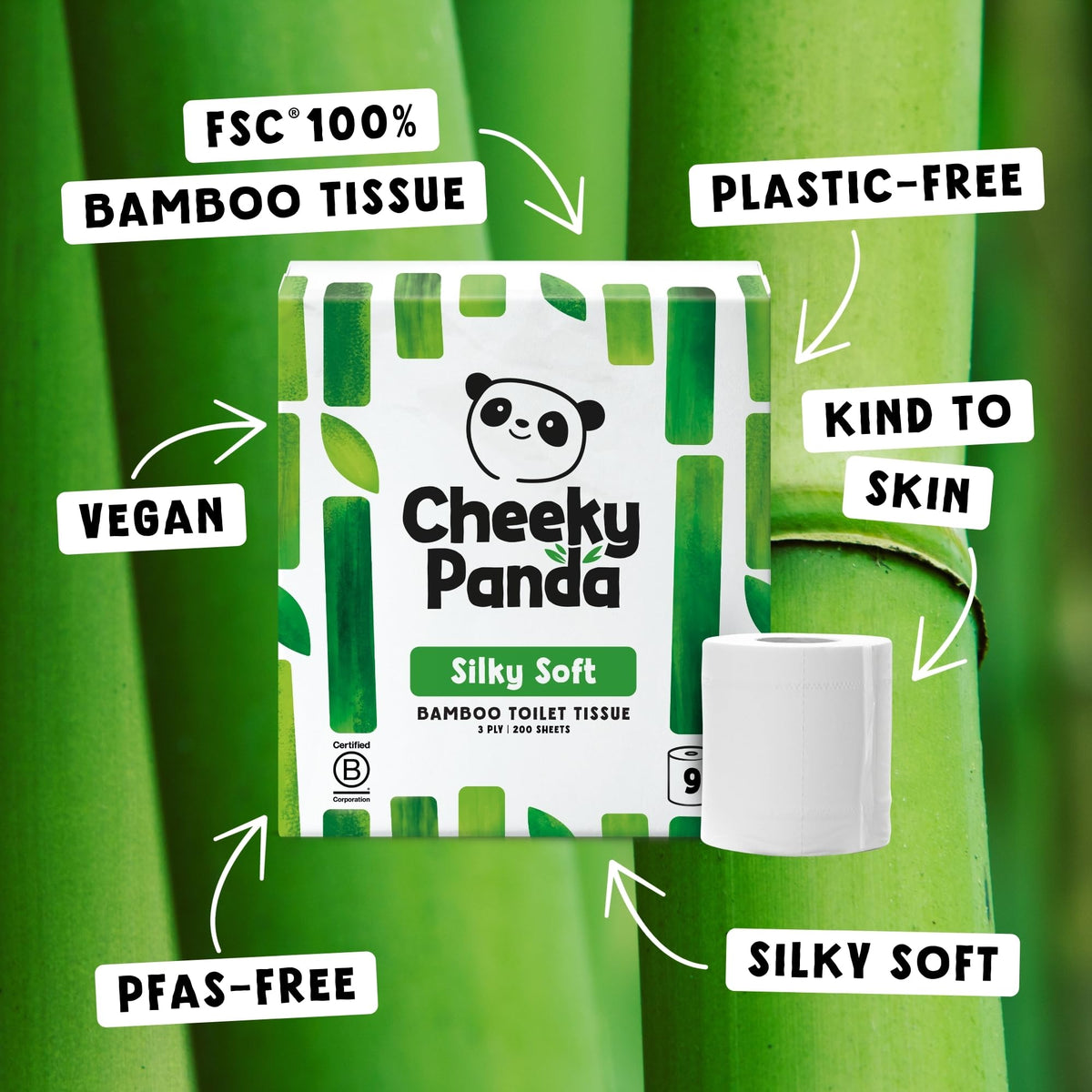 The Cheeky Panda Bamboo Toilet Paper - 9 Rolls, 3-Ply, 1800 Sheets