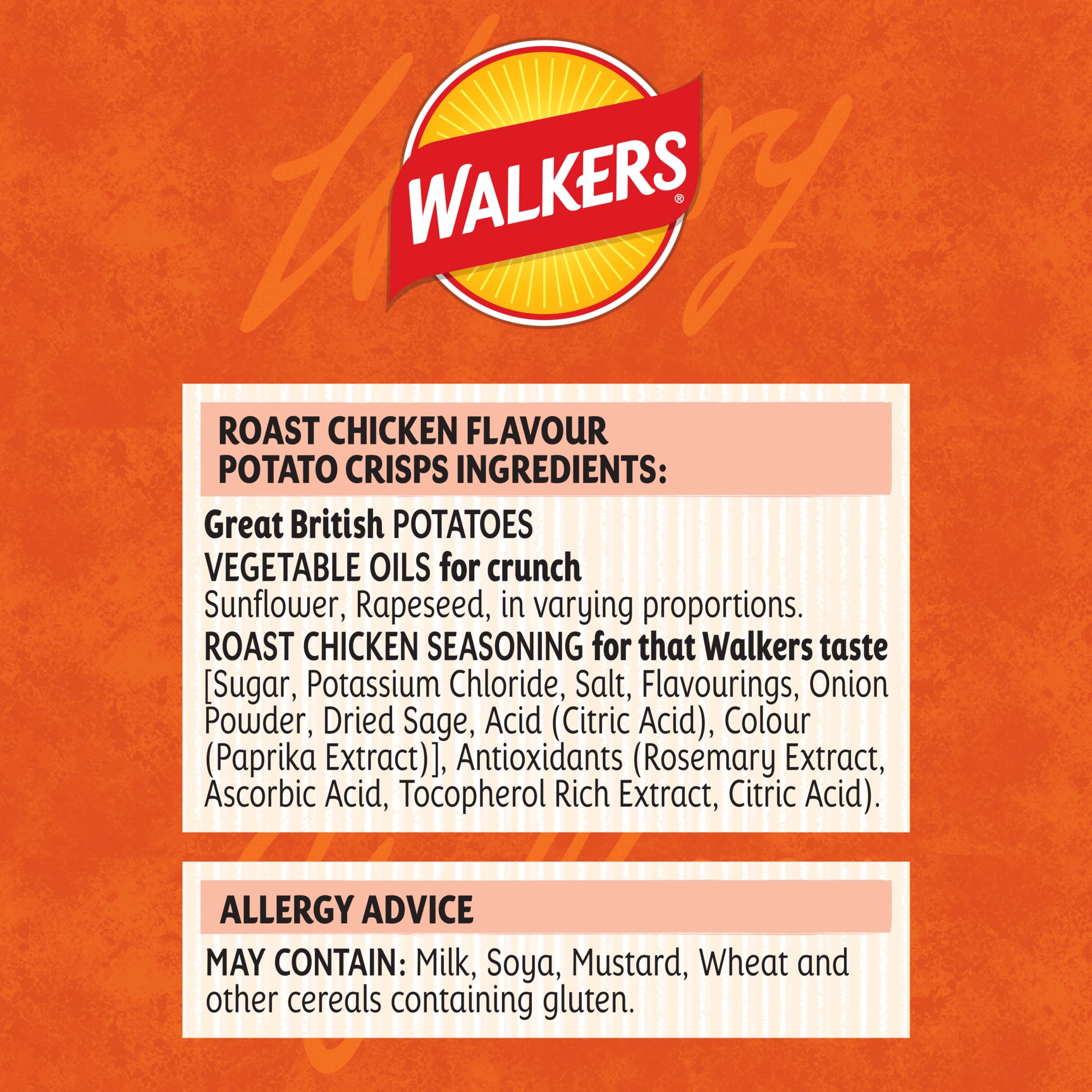 Walkers Roast Chicken Crisps Multipack | 32 x 45g Bags | Made with 100% British Potatoes