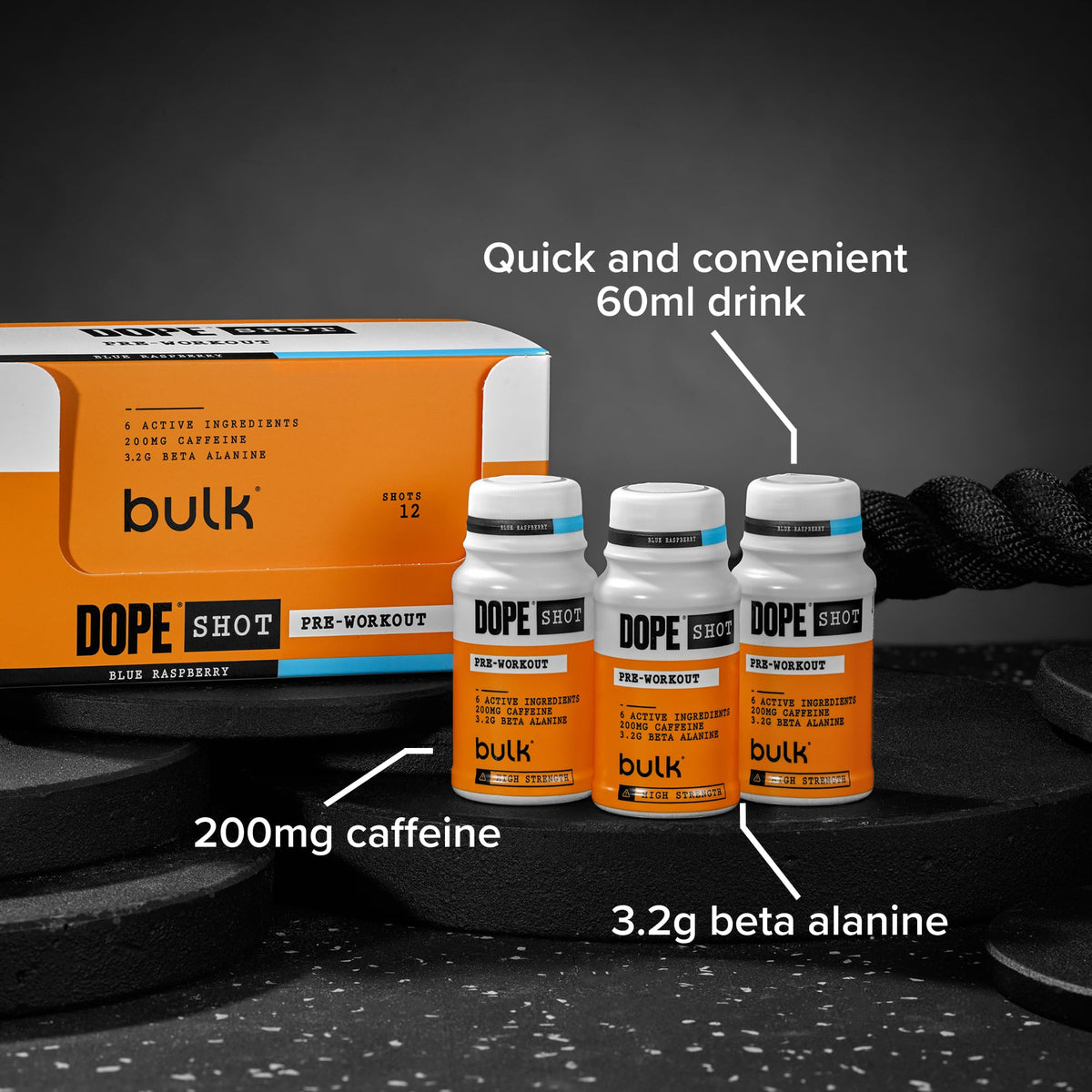 BULK POWDERS Dope Pre-Workout Shots - Berry Flavour | 200mg Caffeine | 3.2g Beta Alanine | 12 x 60ml Shots